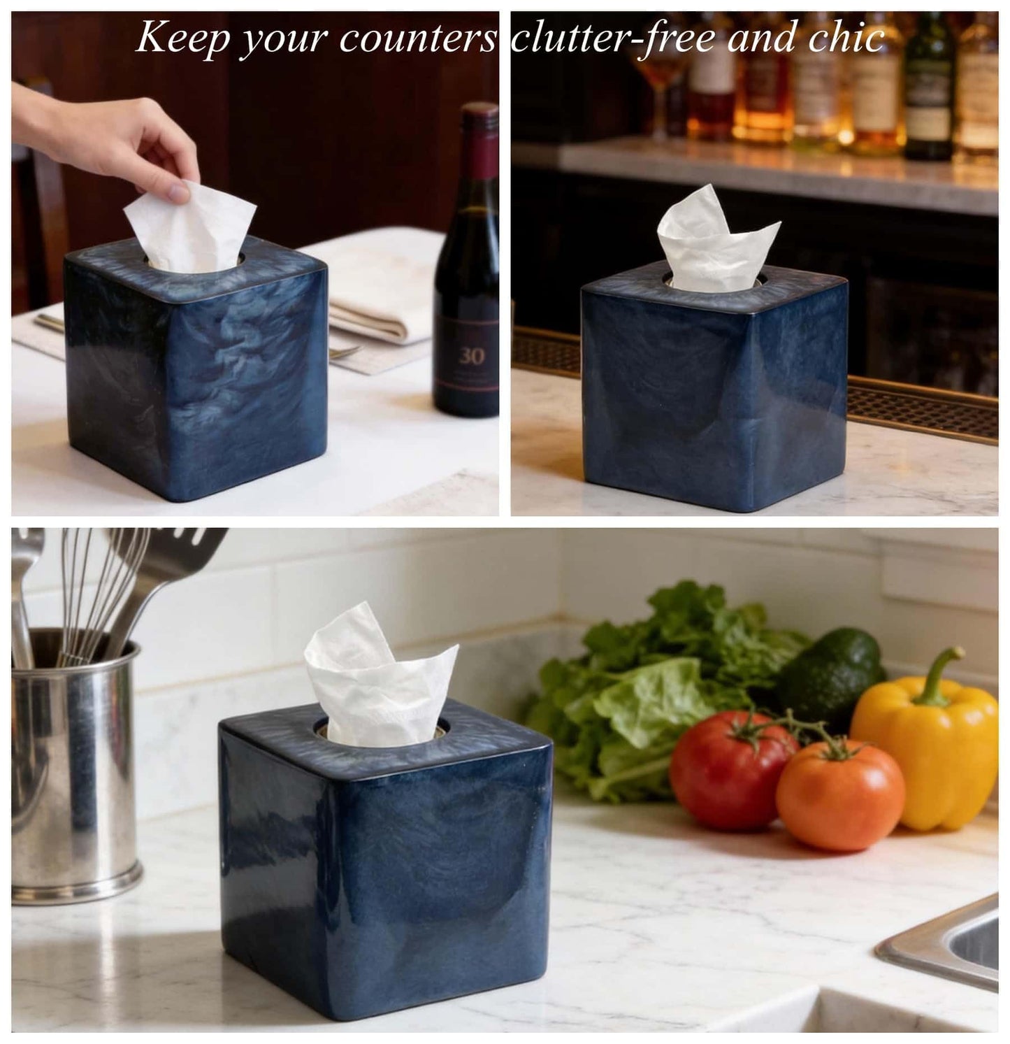 Navy Blue Pearl Swirl Square Tissue Box Cover Holder with Open Bottom.Modern Resin Tissue Box Cube Dresser Accessories for Bathroom Livingroom Kitchen Office,Home Decor Gifts