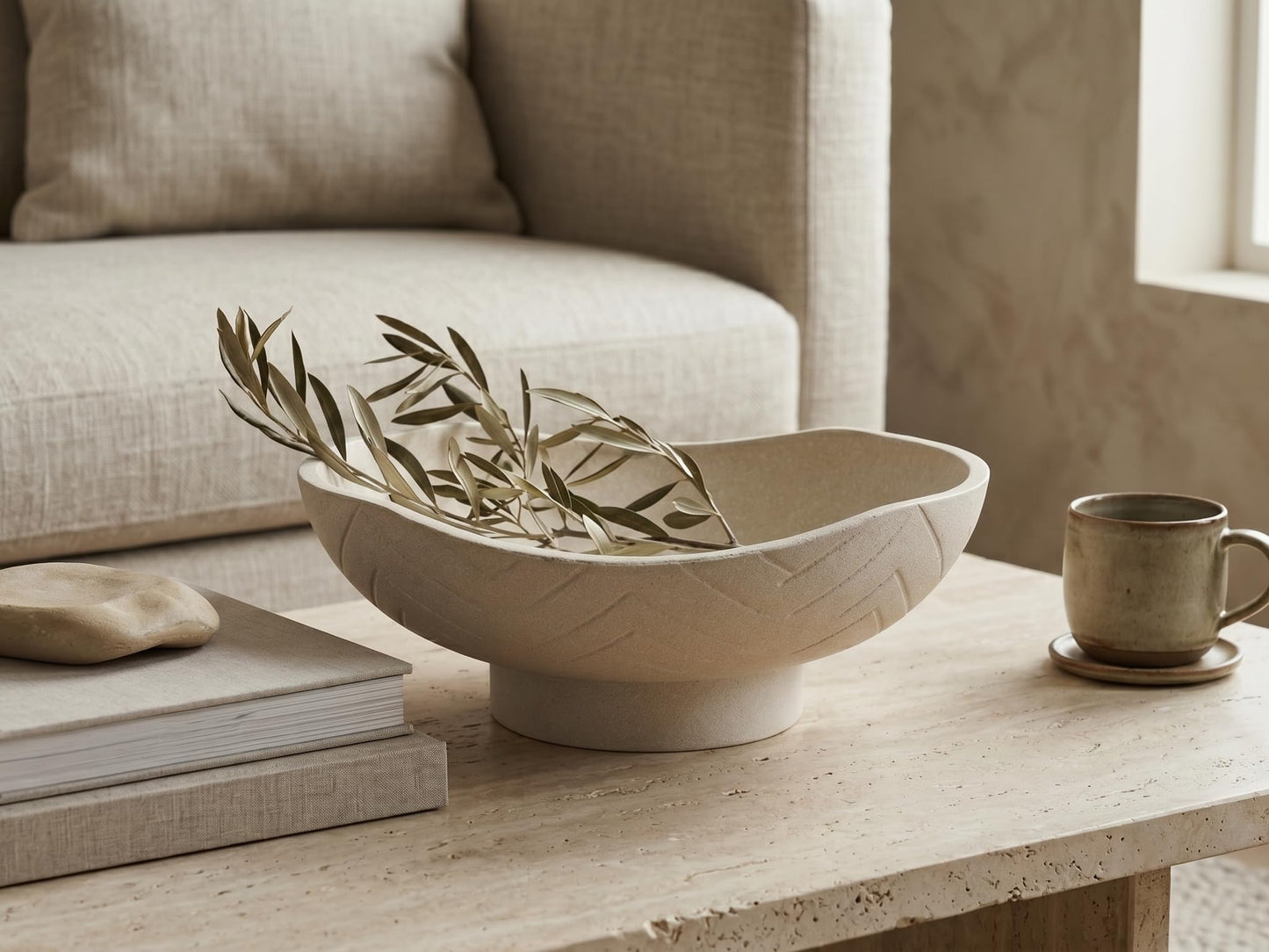 GLIMSDEER Minimalist Decorative Pedestal Bowl, 11.2''D Resin Wavy Catch All Bowl for Keys, Candles, Boho Large Dish for Coffee Table Centerpiece, Entryway Console Table, Beige White
