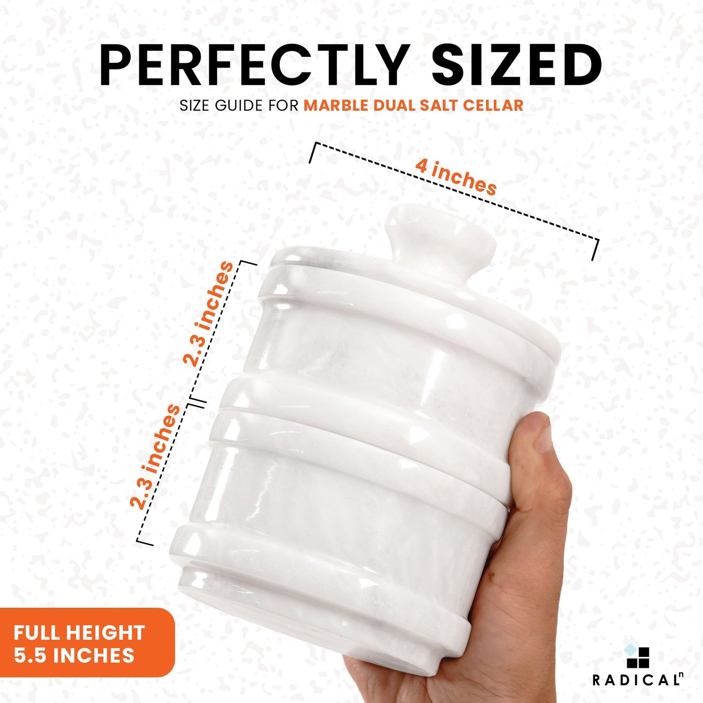 Radicaln Handmade Marble White 5.5” Dual Salt Cellar & Brown Sugar Keeper – 2.3” Each Herb Jar Salt Dish Kitchen Accesorries – Ideal For Jewelry, Butter, Sugar & Home Décor