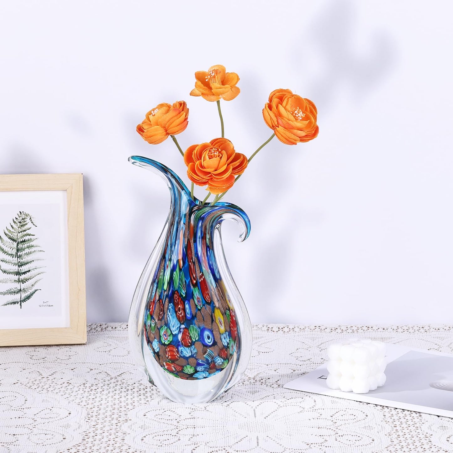 GrivSheen Hand Blown Glass Vase for Centerpiece, Murano Style Table Decoration, Blue Blown Art Glass Ellipse Flower Vase, Single Stem Beautiful Decor for Home, Beachy Room Decor for Home Shelf