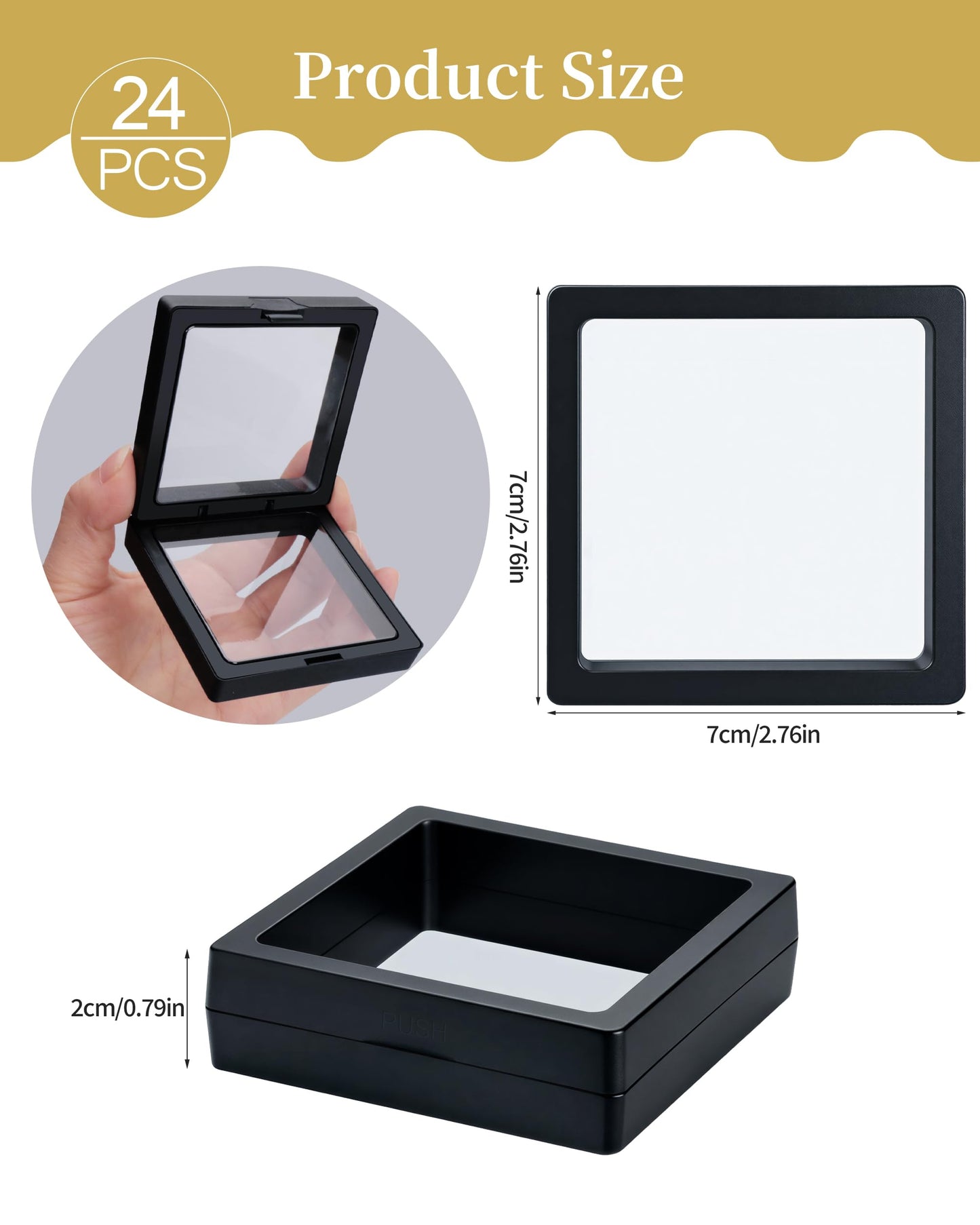 24 Pcs Black 3D Floating Case 2.8 x 2.8 x 0.8 Inch, Clear PE Film Shadow Box with Stands for Antique Coins, Jewelry, Shells, Gems, Minerals, Rocks, Pins & Specimens