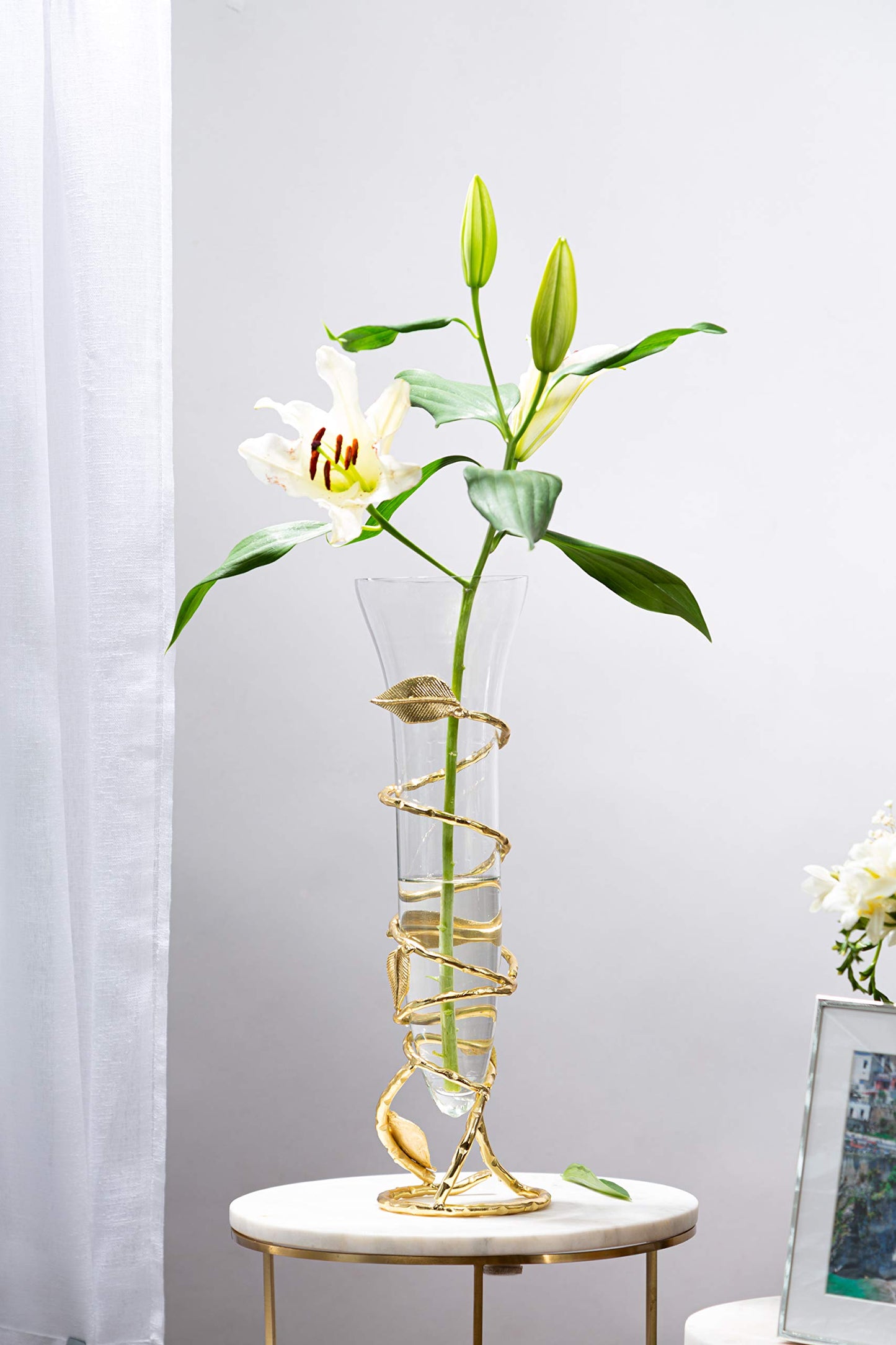 Clear Glass Vase with Gold Leaf Design Base-Measures: 16" H