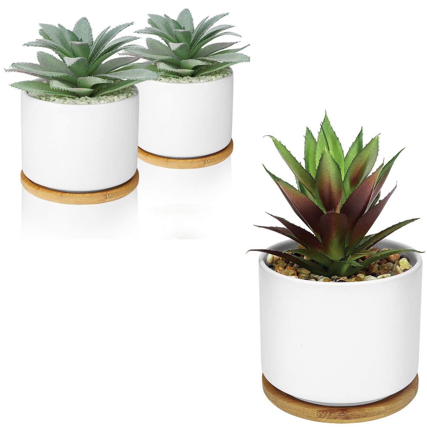 Hopewood Cute Indoor Decor Plants, Artificial Succulent Plants in Ceramic Pots with Bamboo Tray, Faux Potted Plants Set of 3
