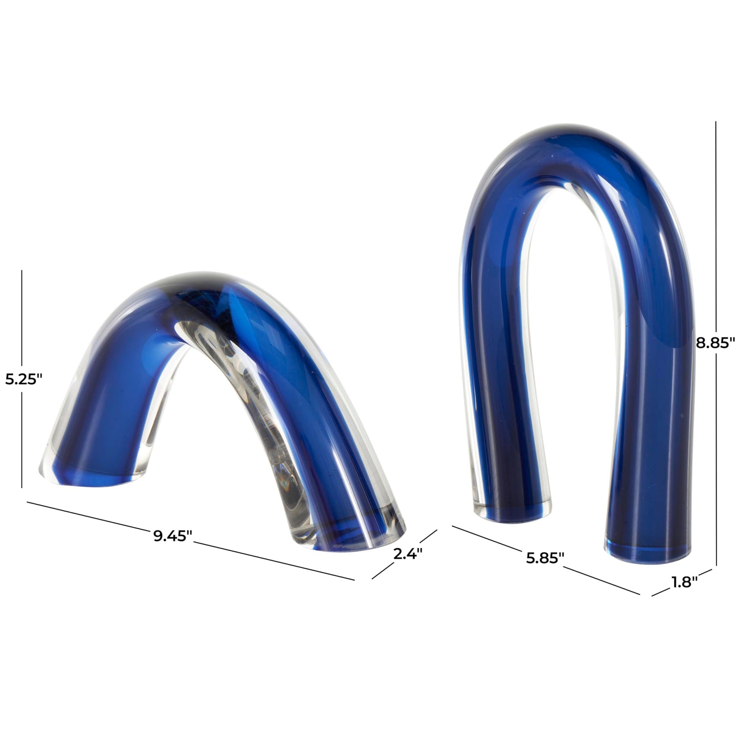 Deco 79 Glass Abstract Decorative Sculpture Overlapping Arch Home Decor Statues with Clear Accents, Set of 2 Accent Figurines 9', 5'H, Blue