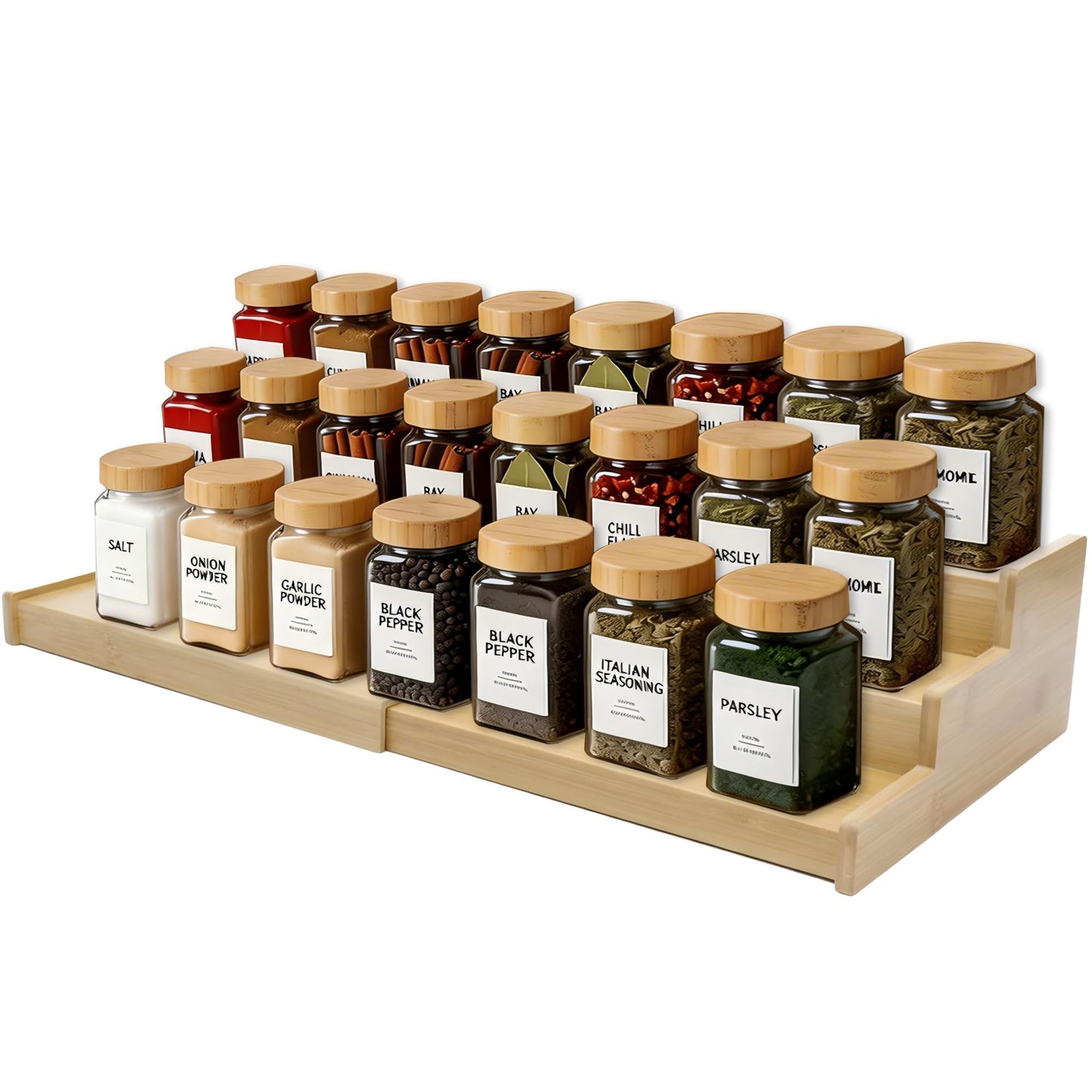 3-Tier Expandable Bamboo Spice Rack,Spice Organizer for Cabinet, Adjustable 12"-24" Wide Storage Shelf for Countertop, Pantry & Cupboard, Natural Wood Kitchen Organization,No Assembly