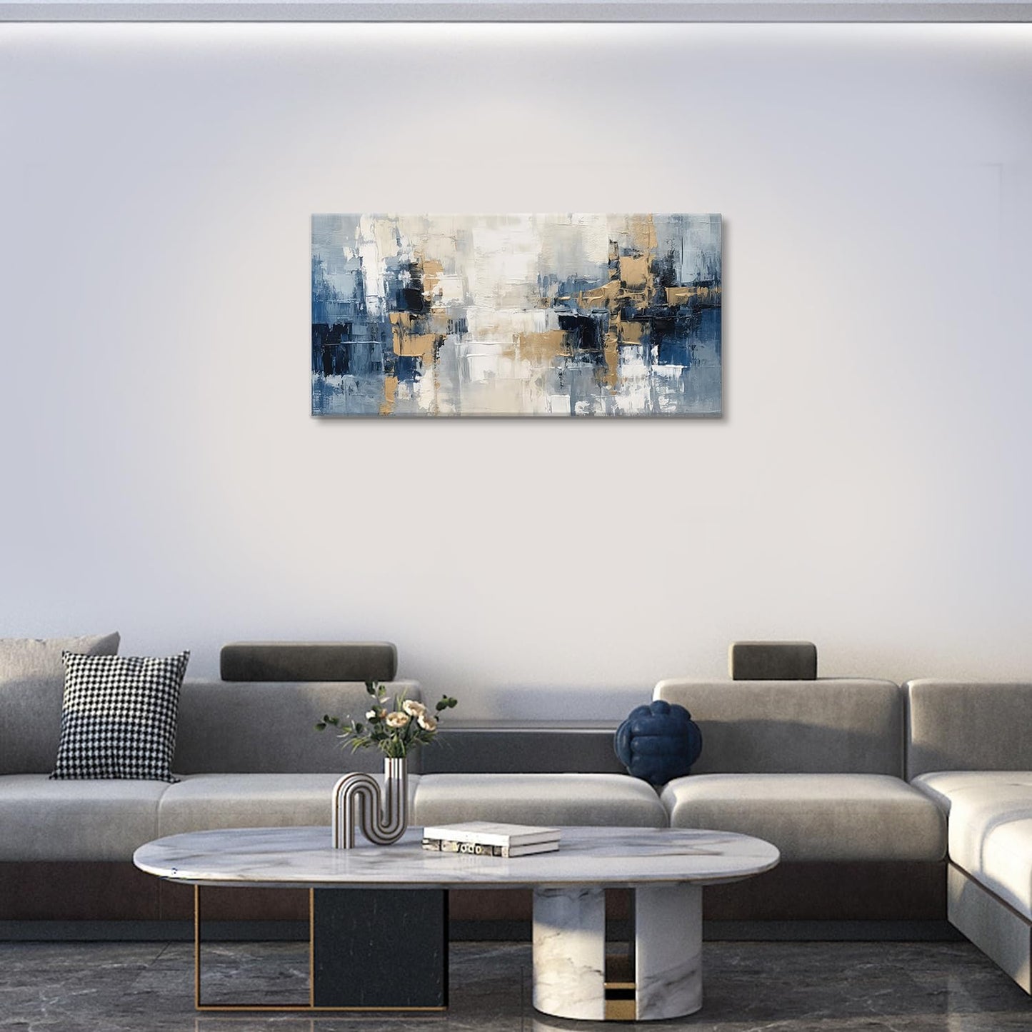 Blue and Gold Abstract Canvas Print Painting Indigo Modern Wall Art for Living Room Bedroom Home Office Decor