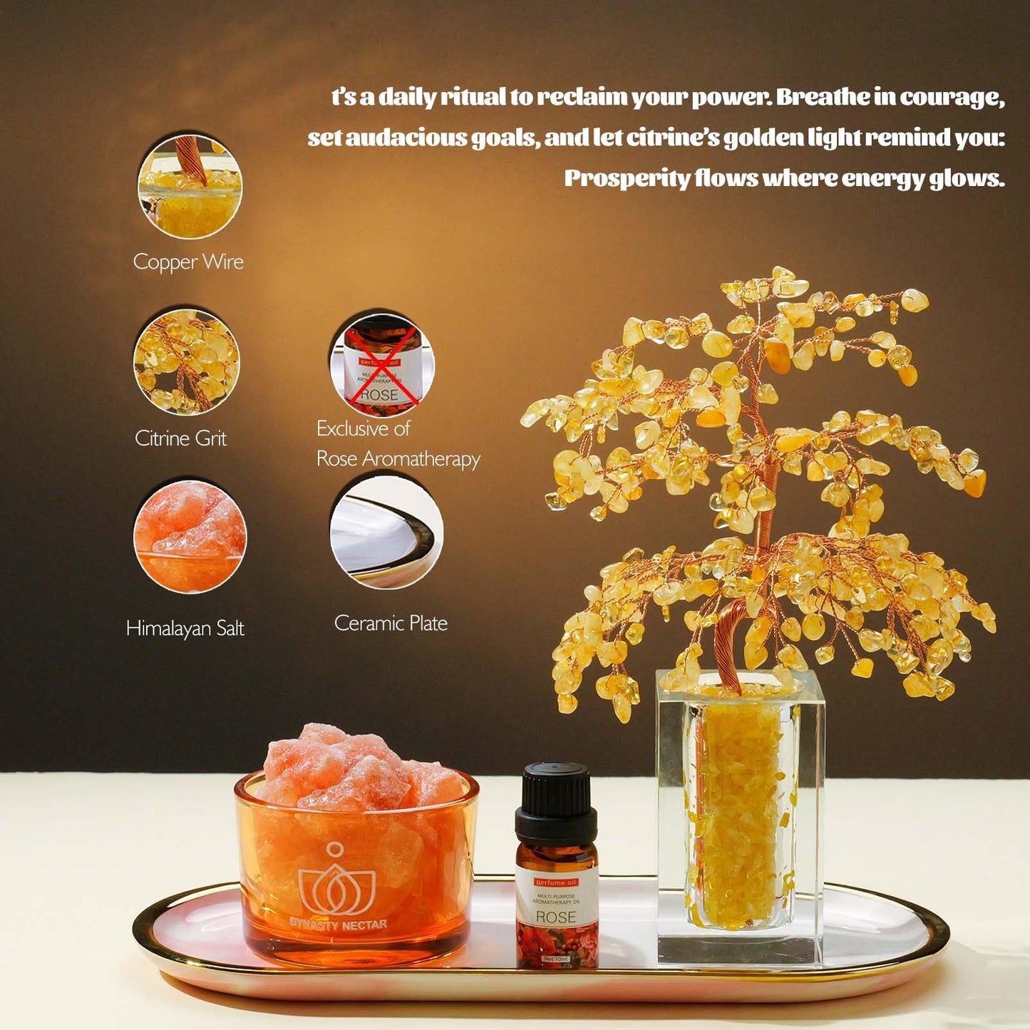 Runyangshi Citrine Crystal Tree of Life & Natural Crystal Ore Diffuser Set for Office Desk Living Room Home Decor Gemstone Tree for Money Positive Energy Feng Shui Good Luck Gift for Women and Mom