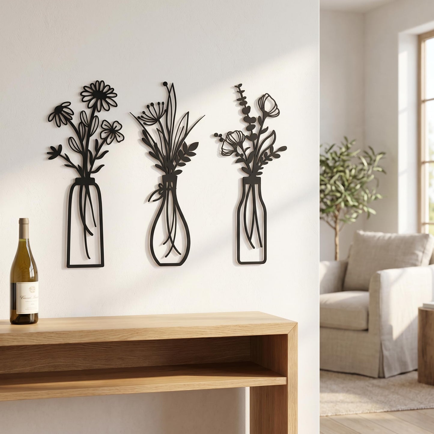 NCzhaozhao 3 Pieces White Metal Flower Vase Wall Art Sculptures | Minimalist Botanical Wall Decor for Living Room Bathroom Bedroom Kitchen Farmhouse Home Decor