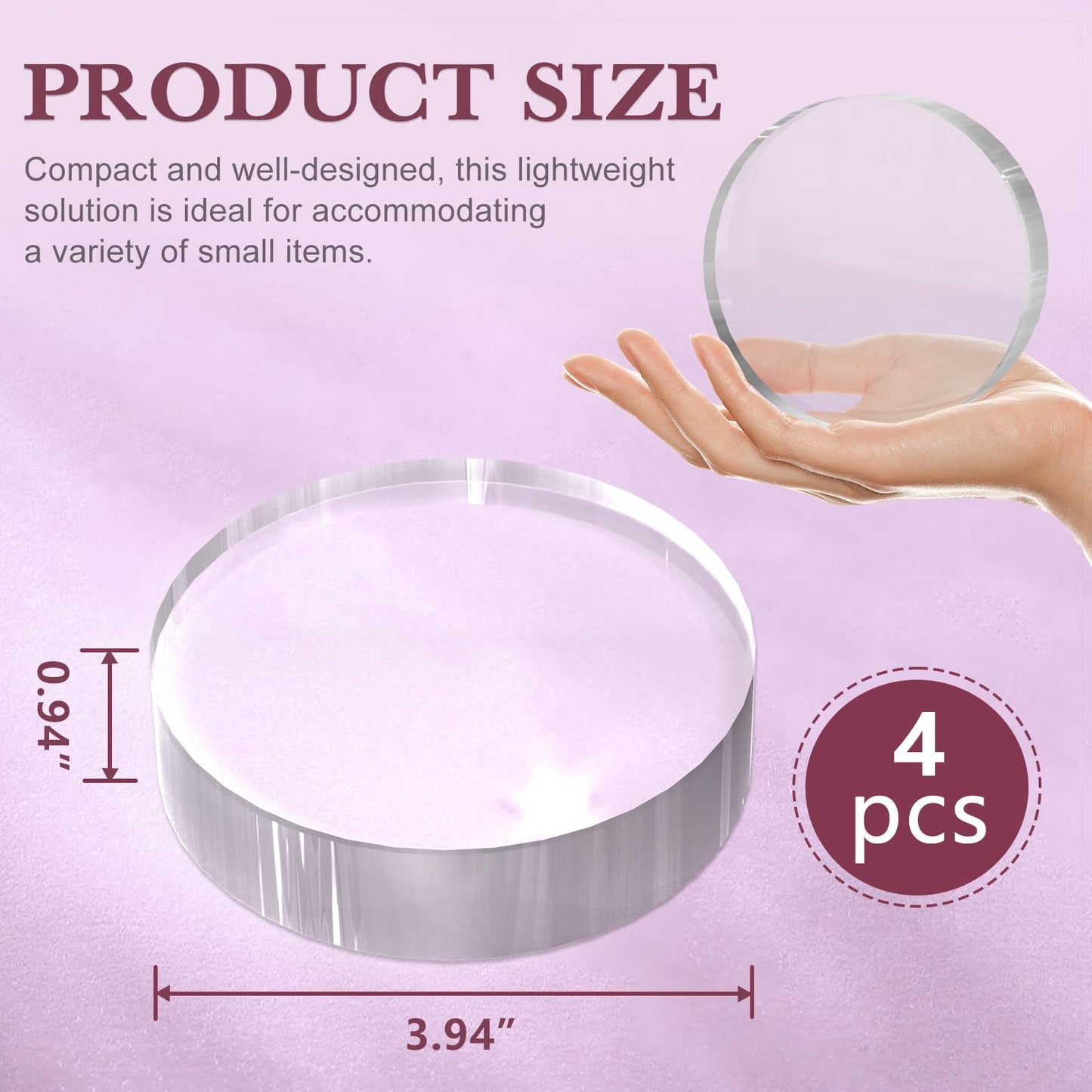 SAMYUCHO Acrylic Base Stand 4 Pieces Acrylic Blocks for Display 4 X 4 X 1 Inch Clear Polished Block Round Cube Riser Display Pedestal Stands for Jewelry Perfume Ring Collection Props Cake