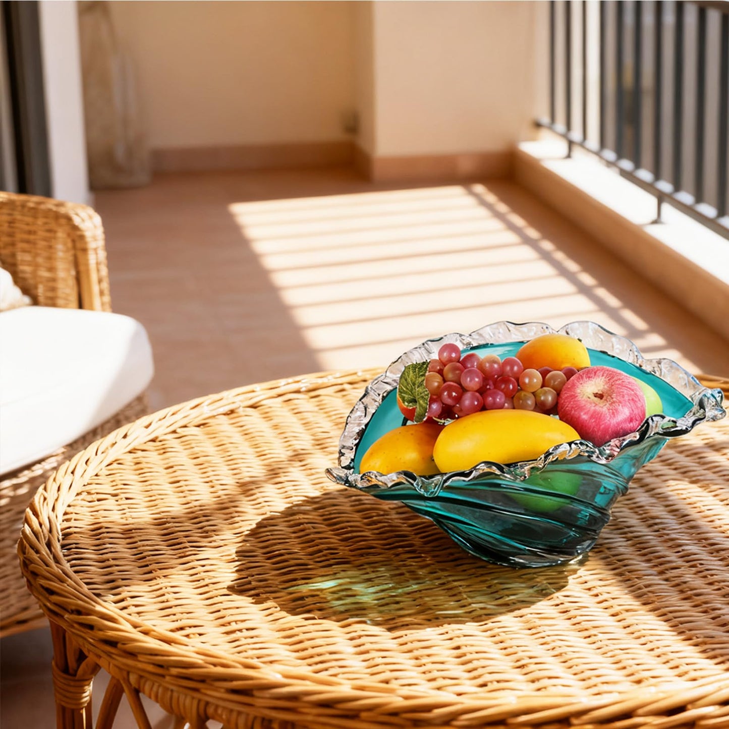 16in Fruit Bowl, Blue Glass Fruit Bowl - Hand-Blown Blown Glass Art Vortex Wave-Shaped Ruffled Rim Large Bowl, Crystal-Like Decorative Bowl for Home Decor, Centerpiece Bowl & Housewarming Gift