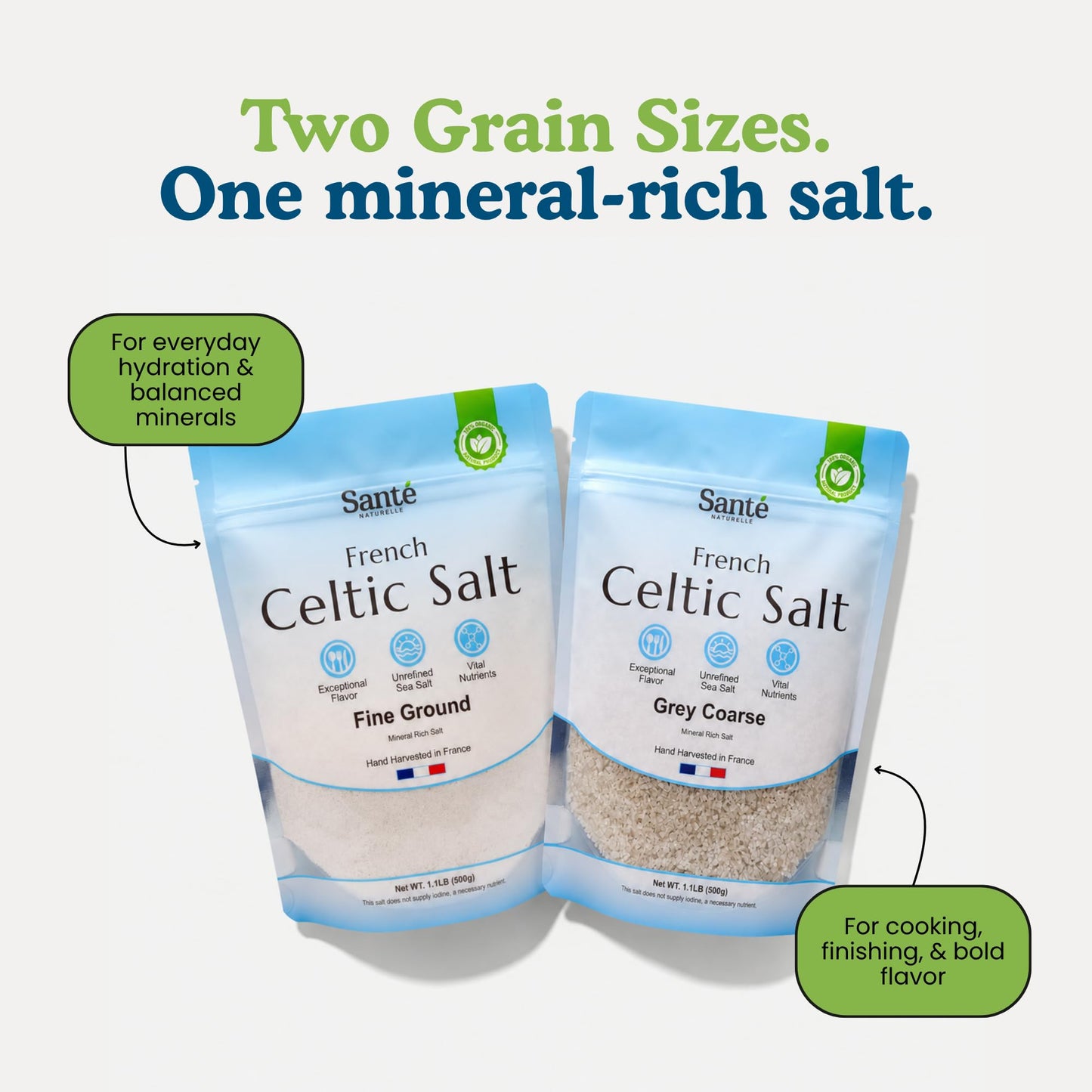Sante Naturelle Celtic Salt Organic Fine Ground - 1.1lb (18oz) Unrefined French Mineral Sea Salt Organic, Rich in 82+ Minerals, 100% Natural & Hand Harvested Sal Celtica