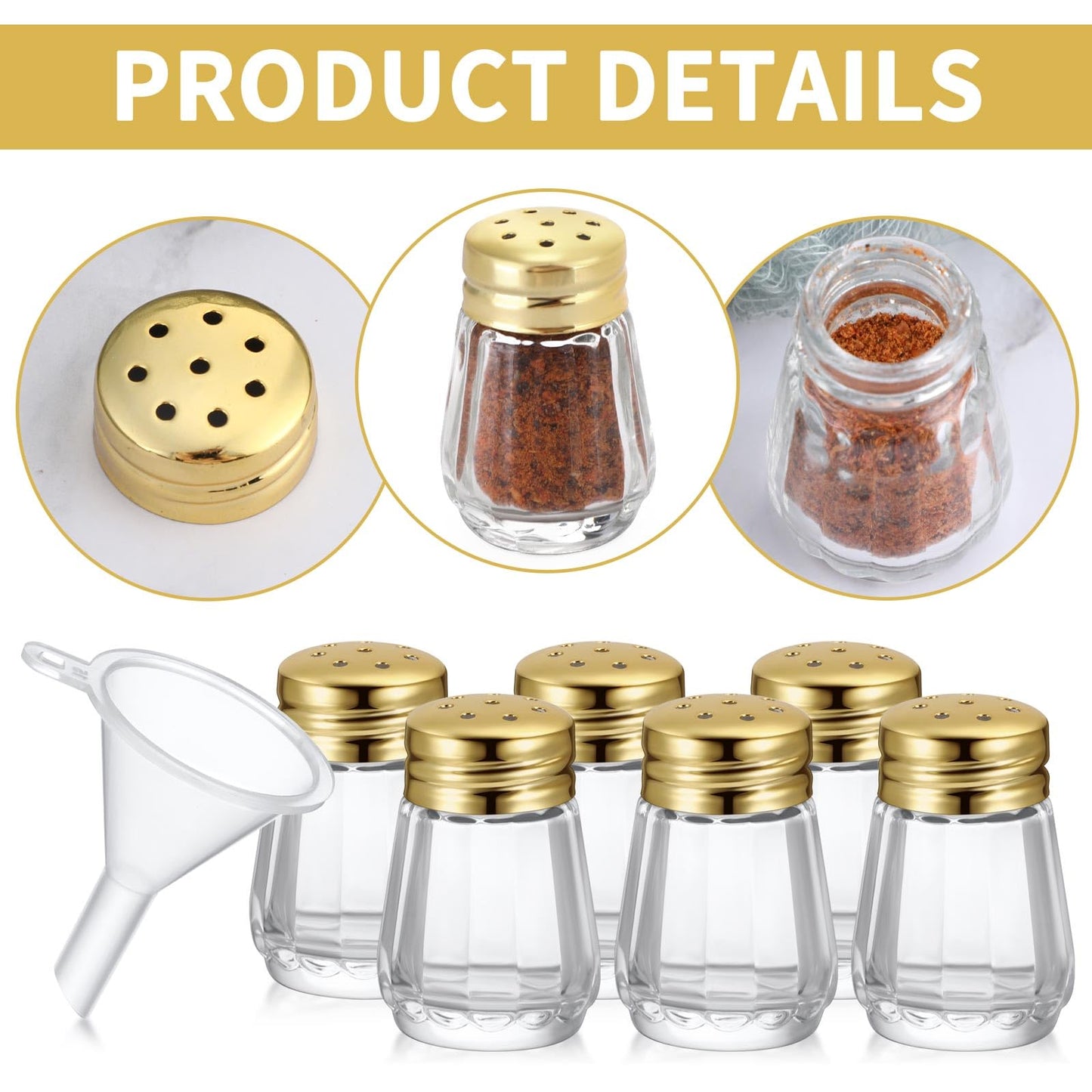Potchen 100 Pcs 0.5 oz Small Salt and Pepper Shakers with Funnels Clear Mini Glass Seasoning Jars Bulk Tiny Spice Glass for Wedding Party Restaurant Home Kitchen Travel Camp (gold)
