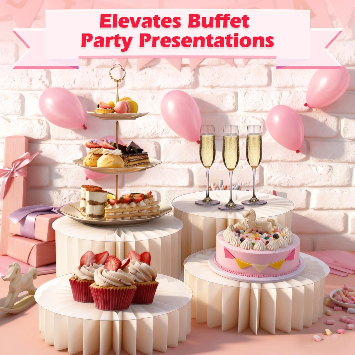 AHUAWA 4Pcs Buffet Risers, Foldable Food Risers for Buffet Table, 12" Reusable Cardboard Display Risers Cylinder Stands with Acrylic Plates for Party, Wedding, Catering & Birthday Decor
