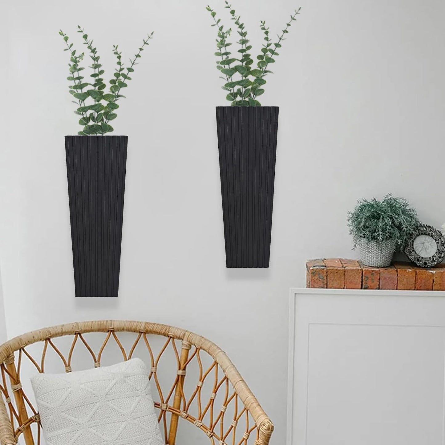 FENNIDICE 2Pack Black Wood Wall Planter for Indoor +2Pack Green Plants,Modern Wooden Hanging Planter for Dried,(Black) Abstract Vase Farmhouse Wooden Wall Decor