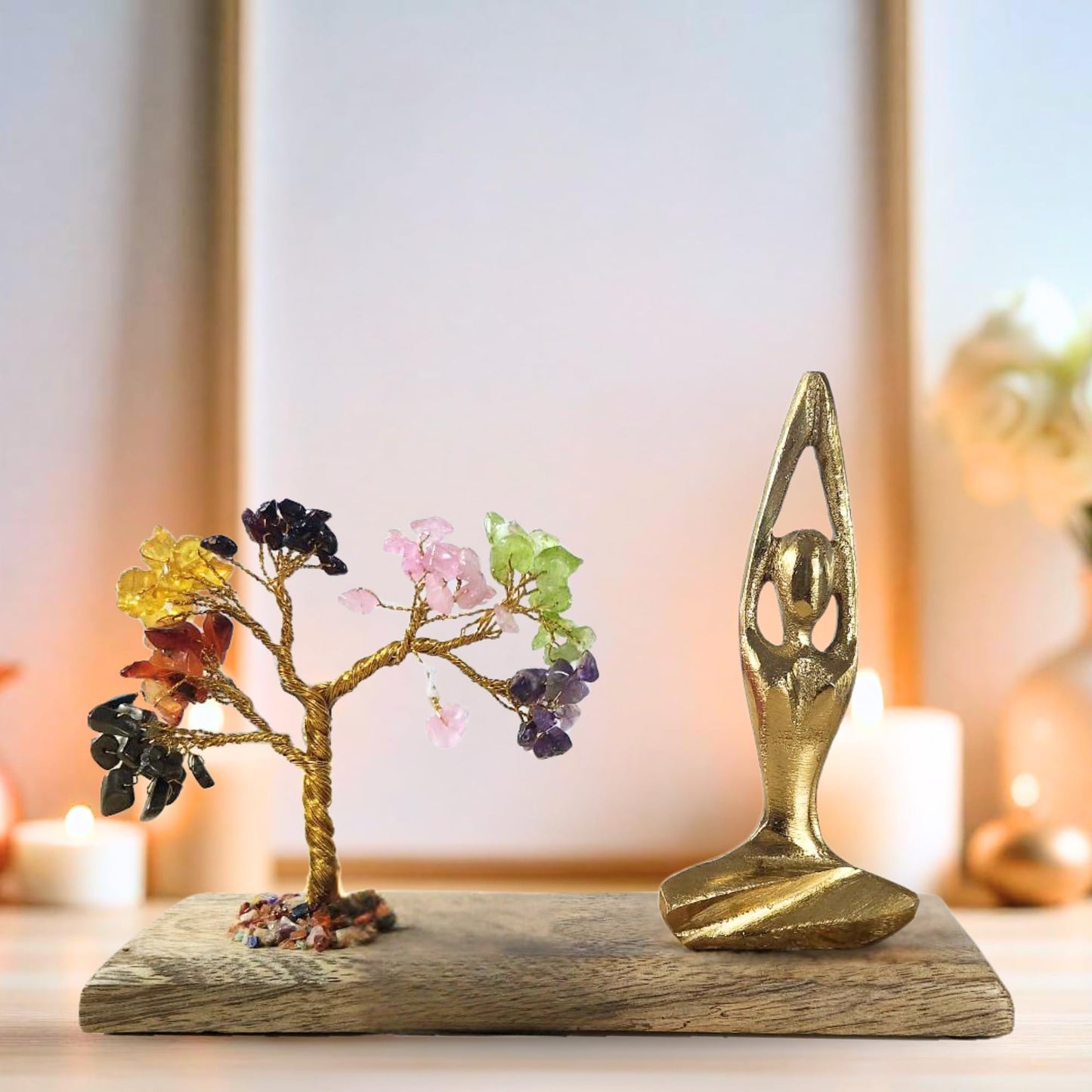 HOME INFINIX Crystal Tree of Life 7 Chakra Healing Crystal Trees with Golden Yoga Figurine & Natural Wooden Base Handmade Gemstone Bonsai Feng Shui for Positive Energy, Meditation & Home Décor Gifts