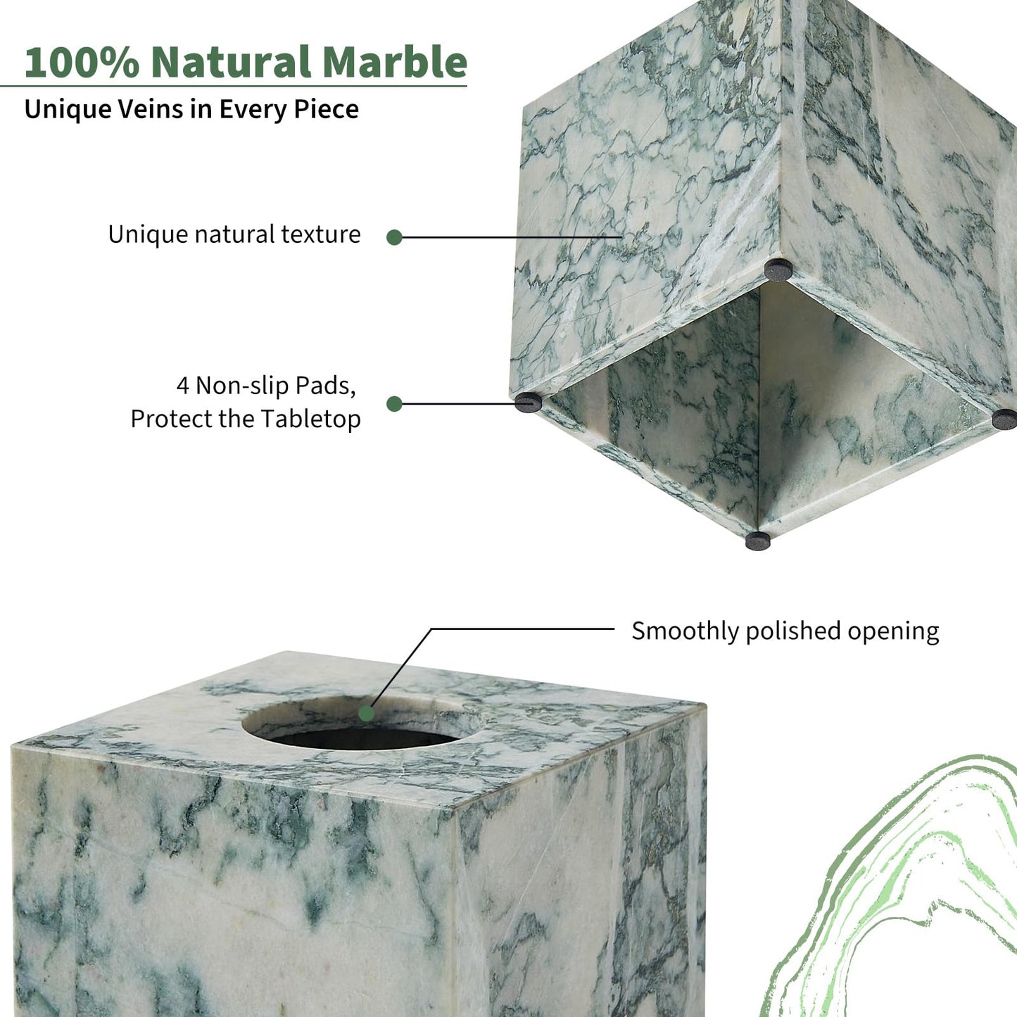 Real Natural Marble Tissue Box Cover, 5.5 Inch Square Marble Tissue Box Holder with Open Bottom, Heavy Stone Decorative Organizer for Bathroom Vanity, Kitchen Countertop, Luxury Home Décor
