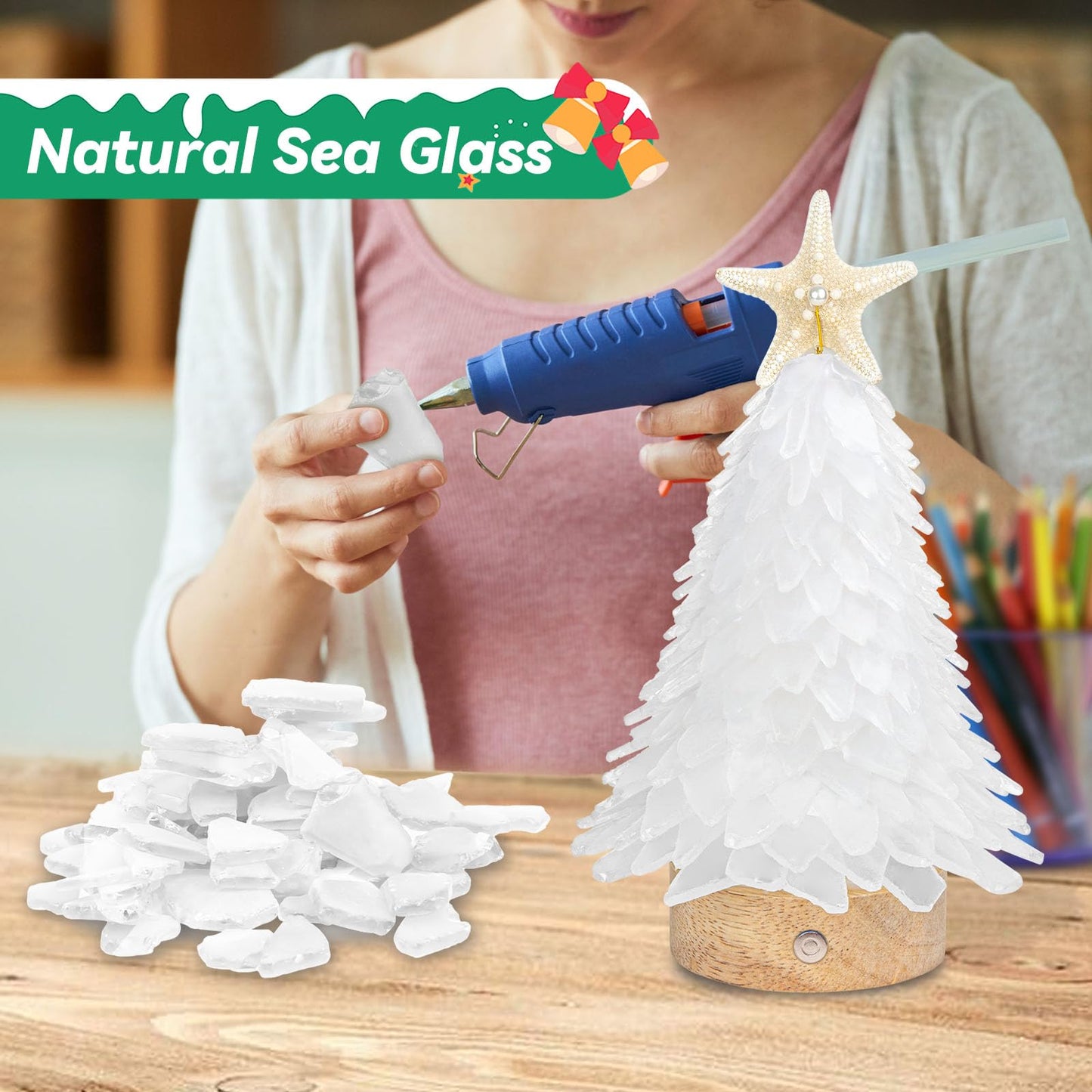 Sea Glass Christmas Tree, 8.5 Inches Mini Tree With Lights - Beach Nautical Themed Seaglass for Table Top, Indoor Decorations, White