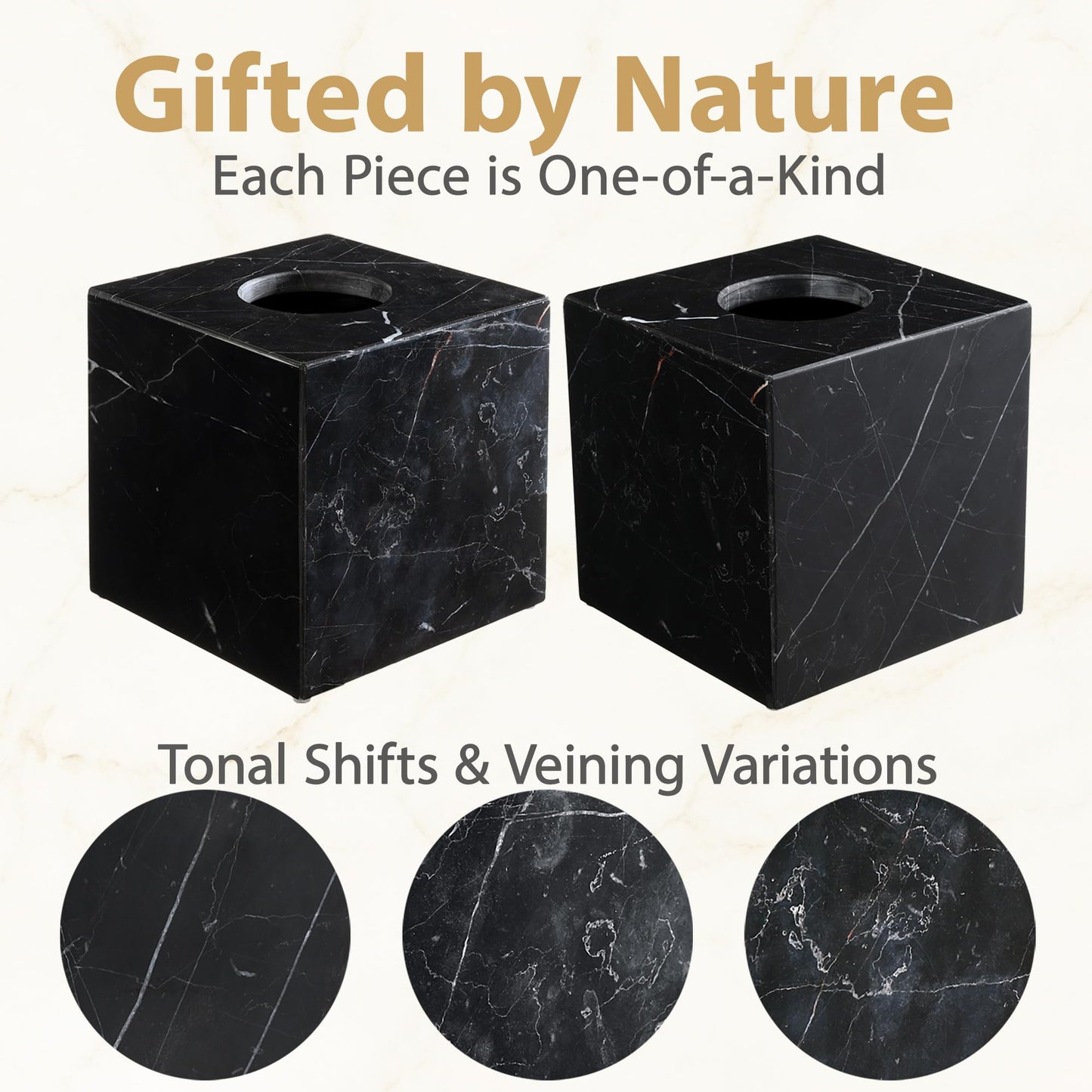 HAMAKAWA Natural Marble Tissue Box Cover, Black Tissue Organizer 6 x 6 x 5.7 inch, Heavy Stone Decorative Box, Square Tissue Box Holder for Home Decor, Kitchen, Bathroom, Bedroom