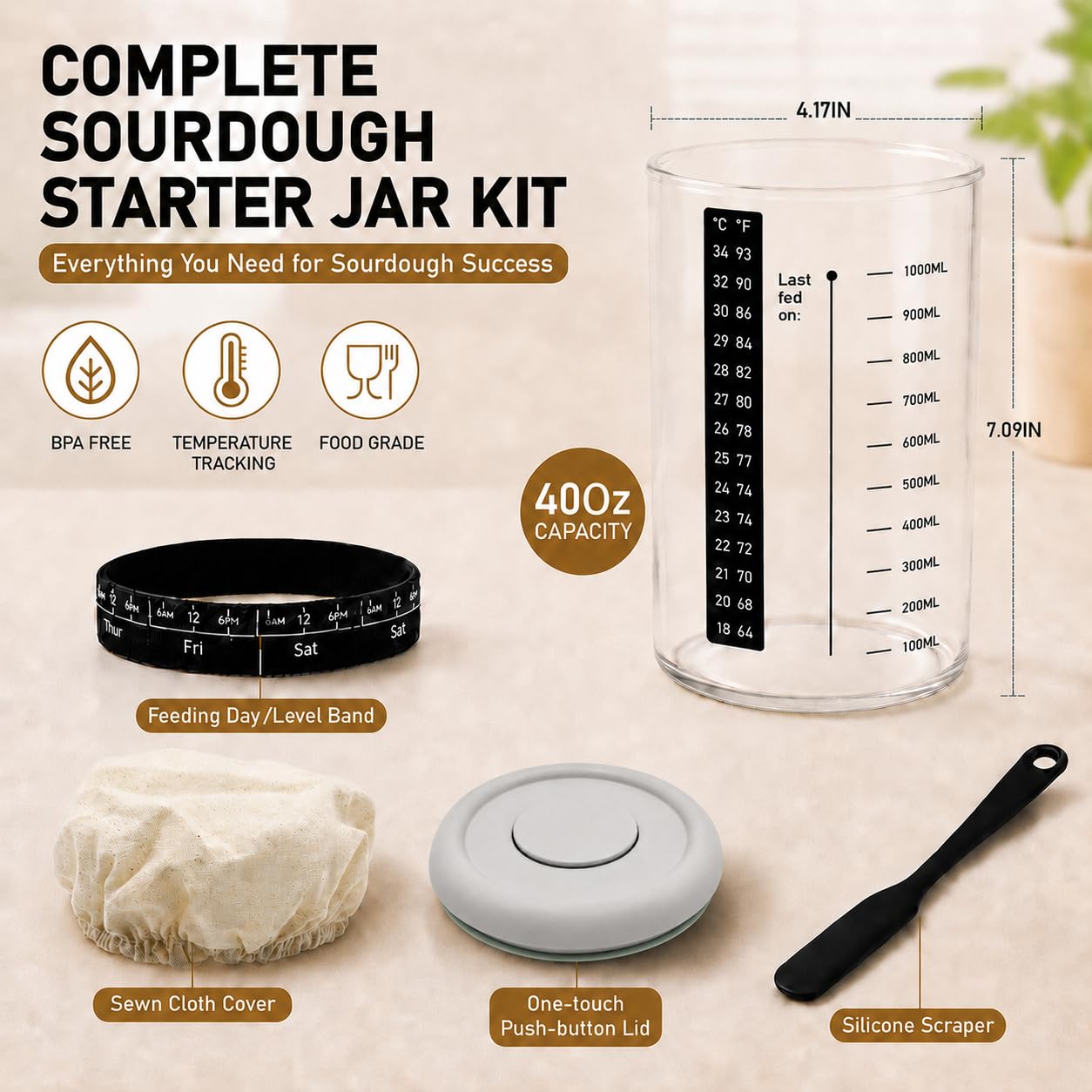 USYOGO 40oz Glass POP sourdough starter jar-With-Lid | Food-grade borosilicate glass | One-touch push-button lid | With Date Marked Feeding Band, Thermometer, Silicone Scraper, Sewn Cloth Cover