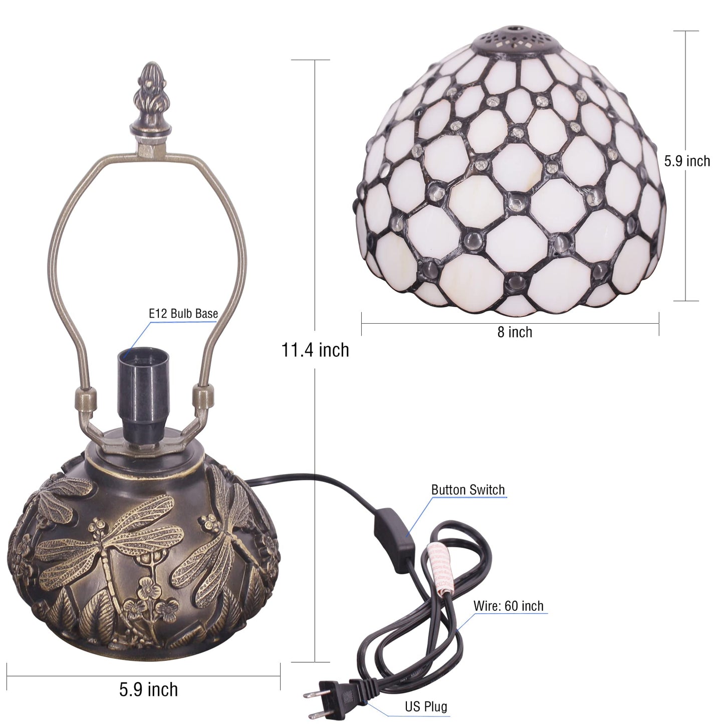 SYETL Small Tiffany Lamp Mini Stained Glass Table Lamp Cream Pearl Beads Style Mushroom Desk Light Memory Sympathy Lamp 8X11 Inch