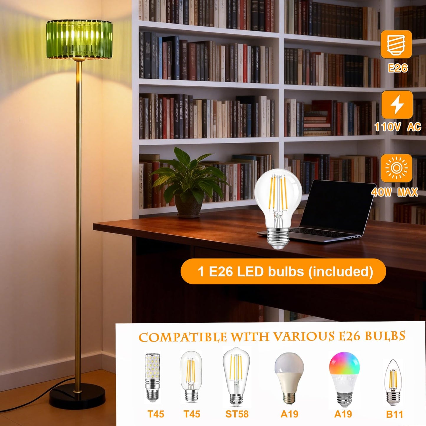 Asmymhd Modern Crystal Floor Lamp, Gold Standing Light with Green Crystal Shade, Mid Century Pole Lamp for Living Room, Bedroom, Corner Office (Gold and Green)