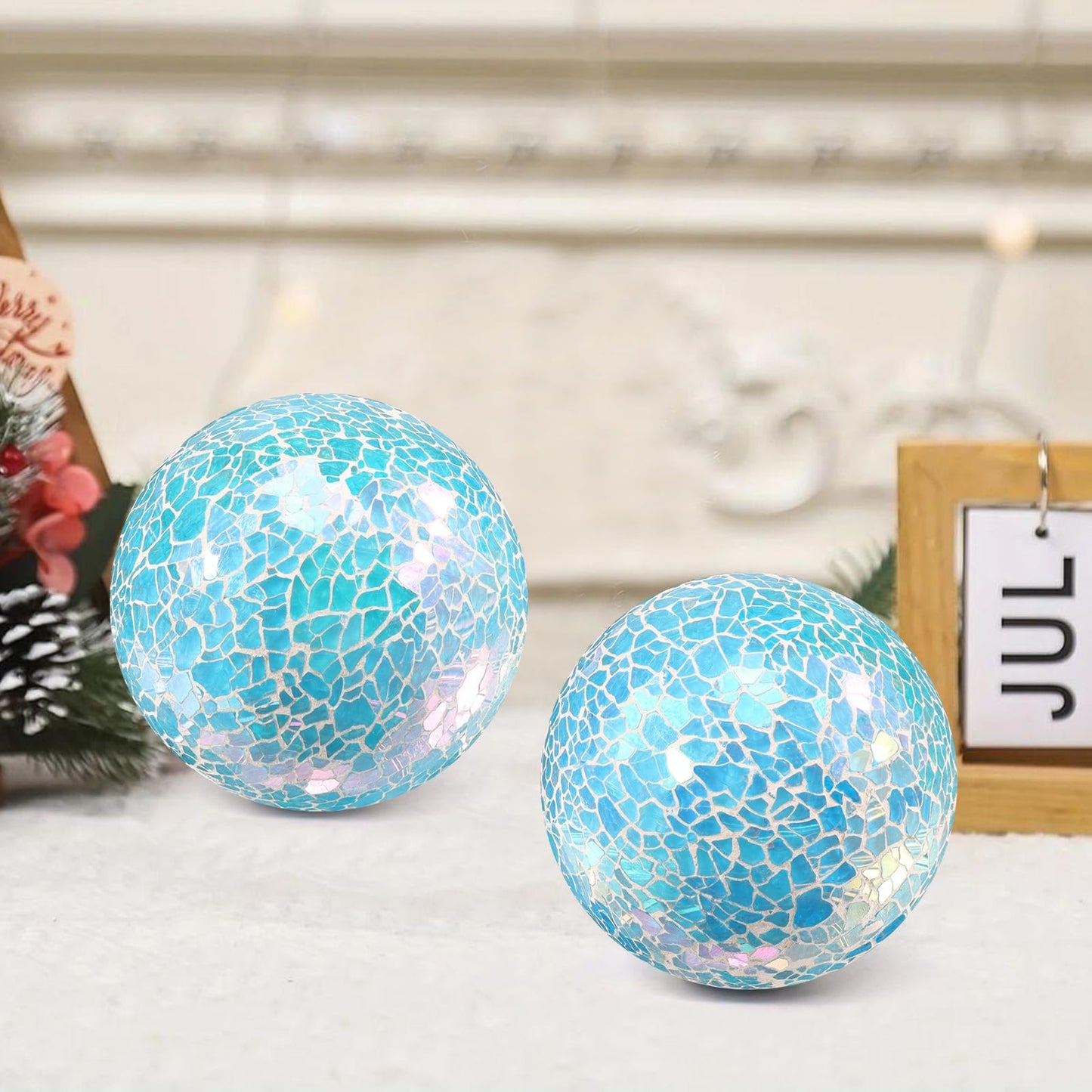 ginojex 3Pcs Mosaic Glass Orbs Decorative Balls Set 8.5cm/3.35inch Blue Sphere Wedding Party Home Decor Table Centerpiece