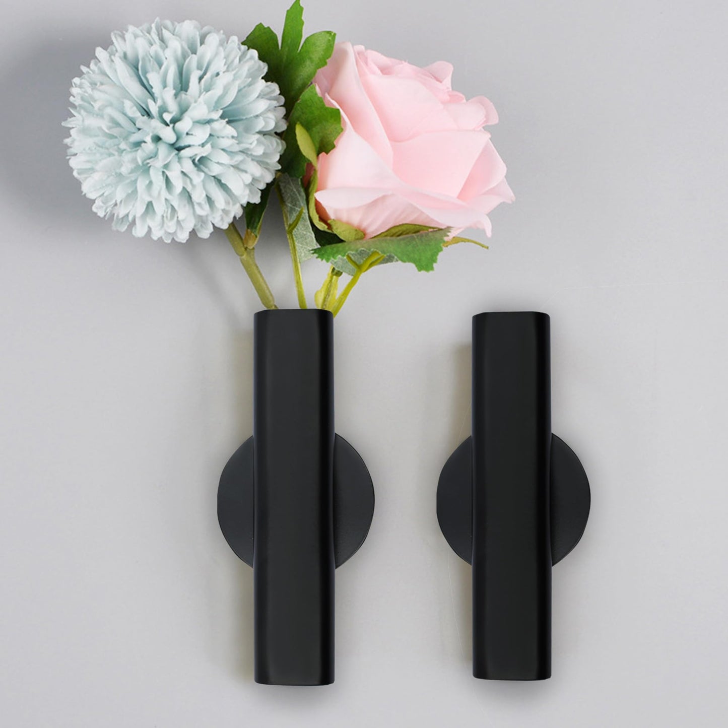 AUXBC 7" Wall-Mounted Flower Tube, Top/Bottom Open Vase, Wall Metal Flower Tube Decoration Holder for Flower Display, Home Office Living Room Bedroom Decoration with Adhesive Material, 2pcs(Black)