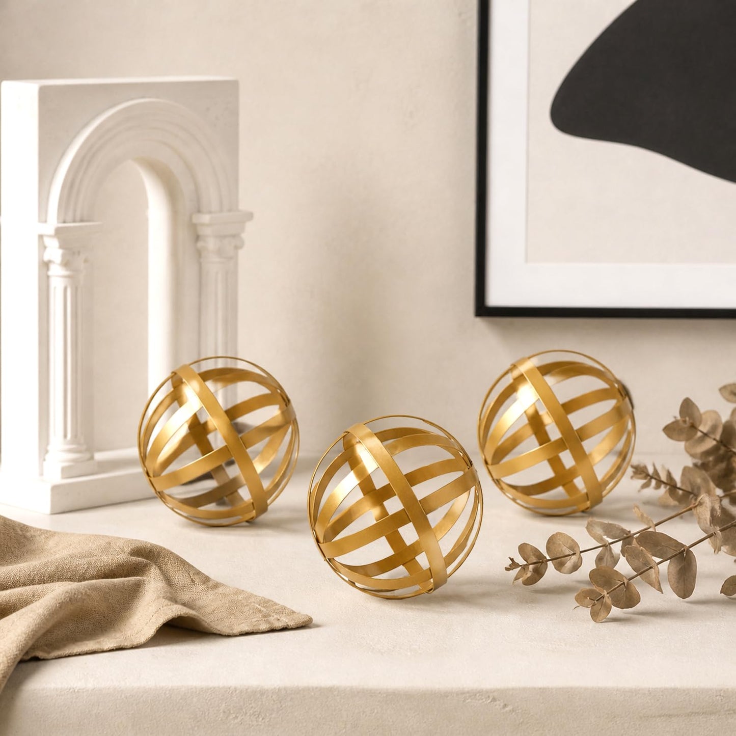 YIYA Gold Decorative Sphere Set of 3 - Metal Ball Decoration - Gold Decor for Shelves - Metal Ball Table Decor for Living Room Bedroom Kitchen Office Coffee Table Desk