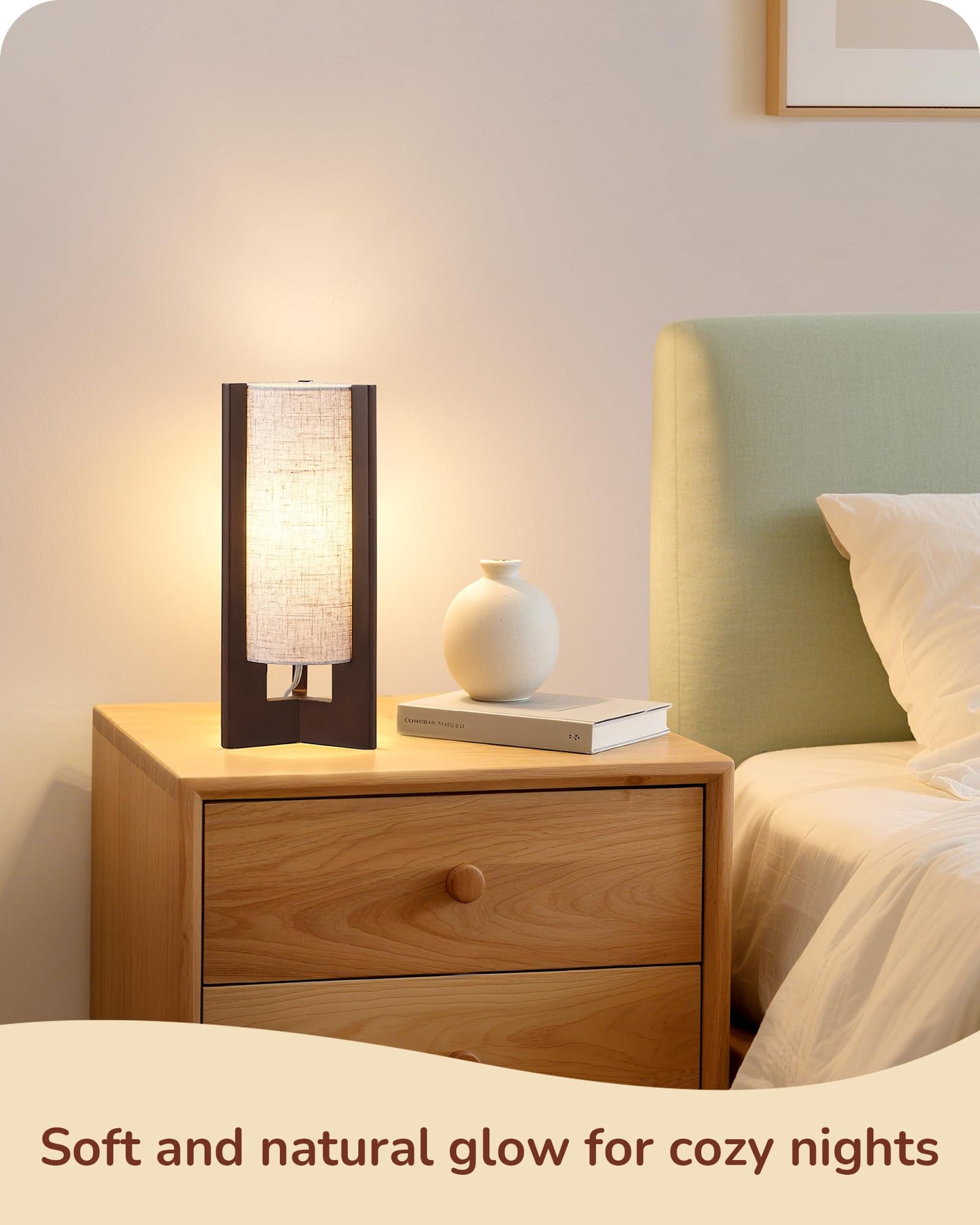 EDISHINE Wood Table Lamp, 13.5" Small Bedside Lamp, Beige Linen Shade, Rosewood Cylinder Nightstand Lamp for Bedroom Living Room, On-Off Line Switch, E26 Base (Bulb Not Included)