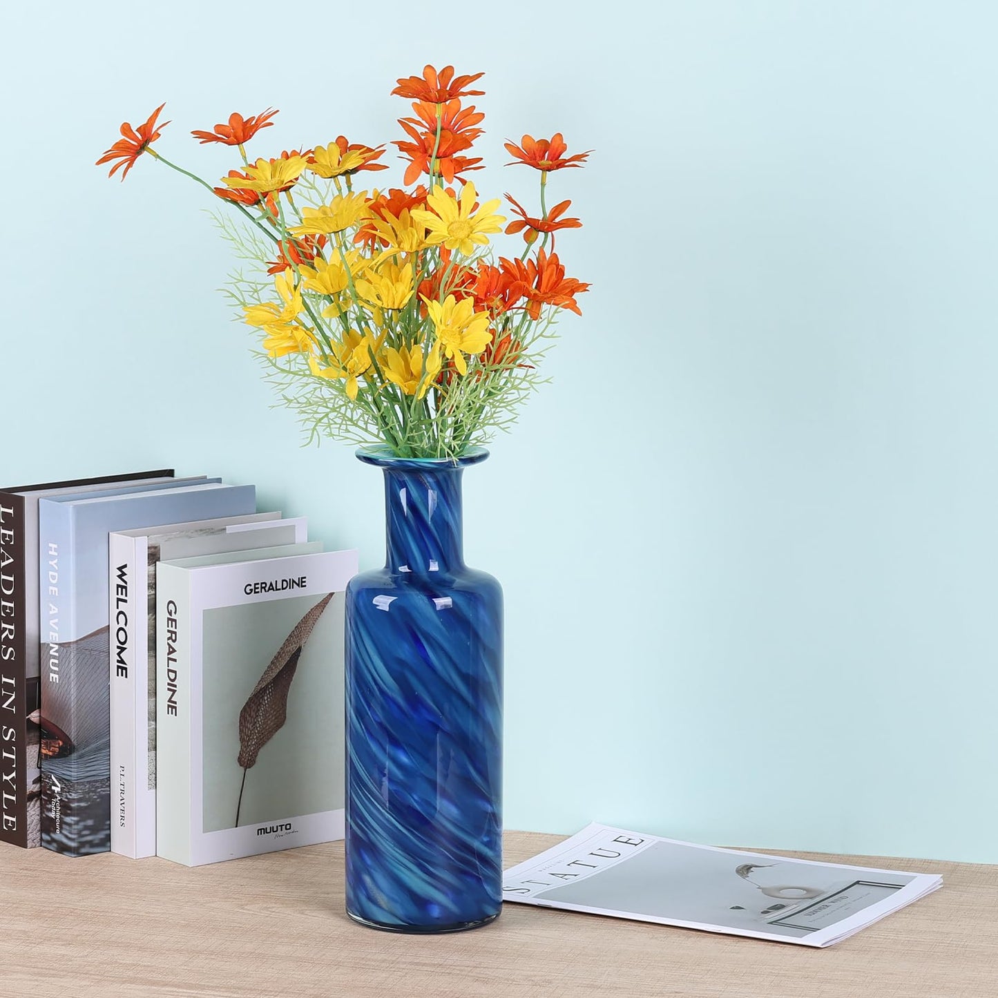 13" H Hand-Blown Glass vase, Modern Art Glass Cylindrical vase, Blue Glass Decorative vase, Ideal for Living Room Dining Table centerpieces, TV Console, Office, or Console Table Decor.