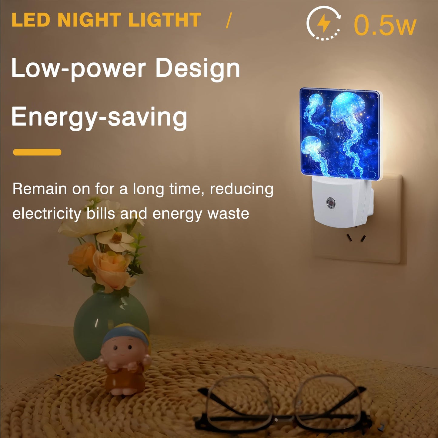 FOISIIAEA Night Light Magic Glowing Jellyfish Night Lights Plug into Wall Smart Dusk to Dawn Sensor 0.5W Energy Efficient Led Lamp for Men Women Bedroom Bathroom Hallway Stairway Decor