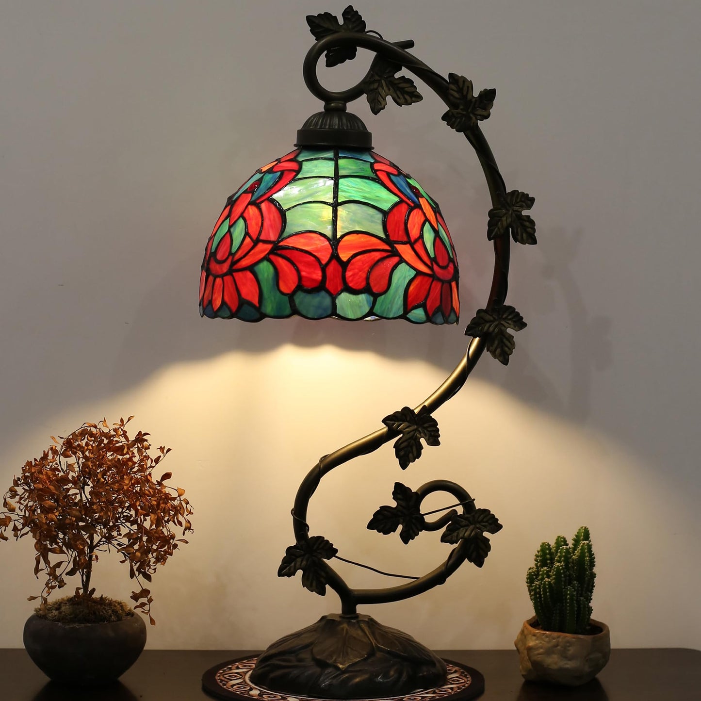 ZYLINX Small Tiffany Lamp Stained Glass Desk Reading Light Red Lotus Style