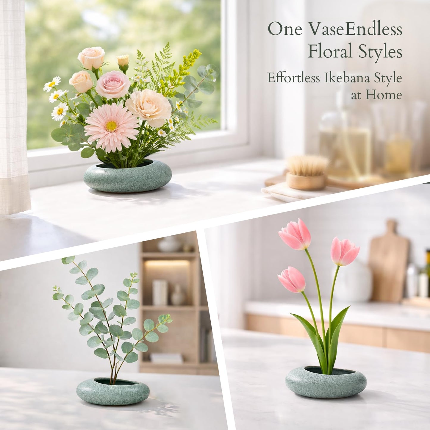 Japanese Flower Frog Vase Set, Celadon Glaze