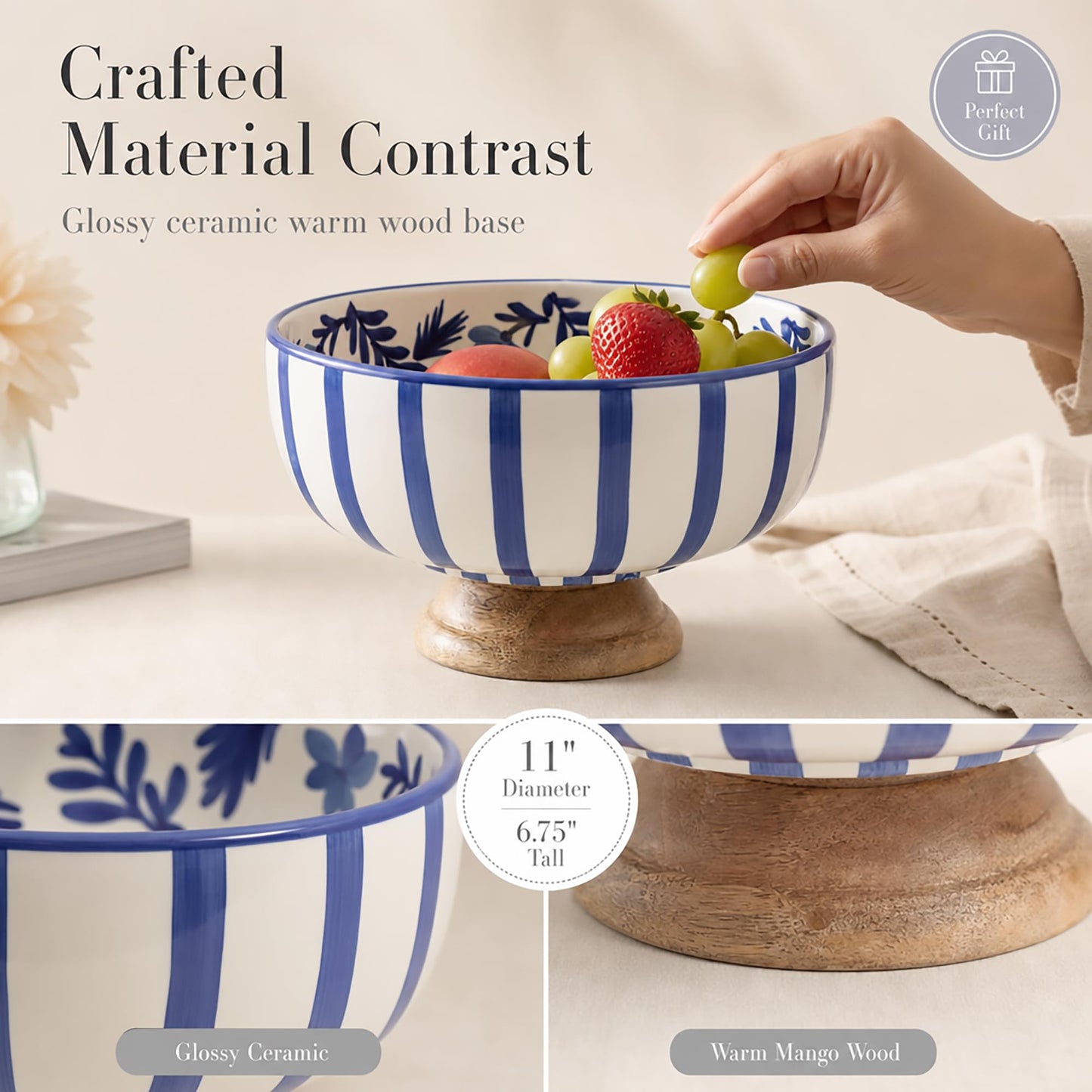 Mud Pie Blue Ceramic and Wood Pedestal Bowl