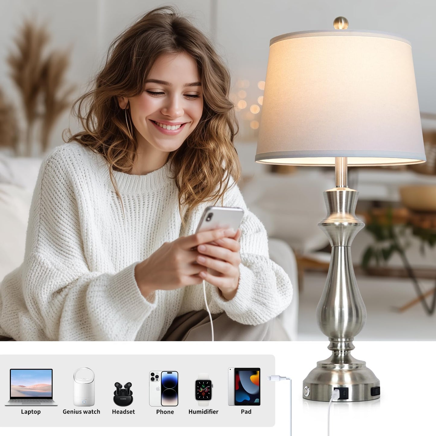 Cinkeda Silver Touch Lamps for Night Stand - 29.5" Tall Bedside Lamp with USB C+A, 3 Way Dimmable Bedroom Lamps, Brushed Nickel Table Lamps for Living Room,Single Silver