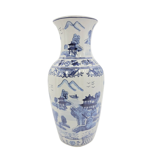 Galt International 18" Blue and White Fishtail Style Ceramic Porcelain Vase Classic Temple Landscape Design