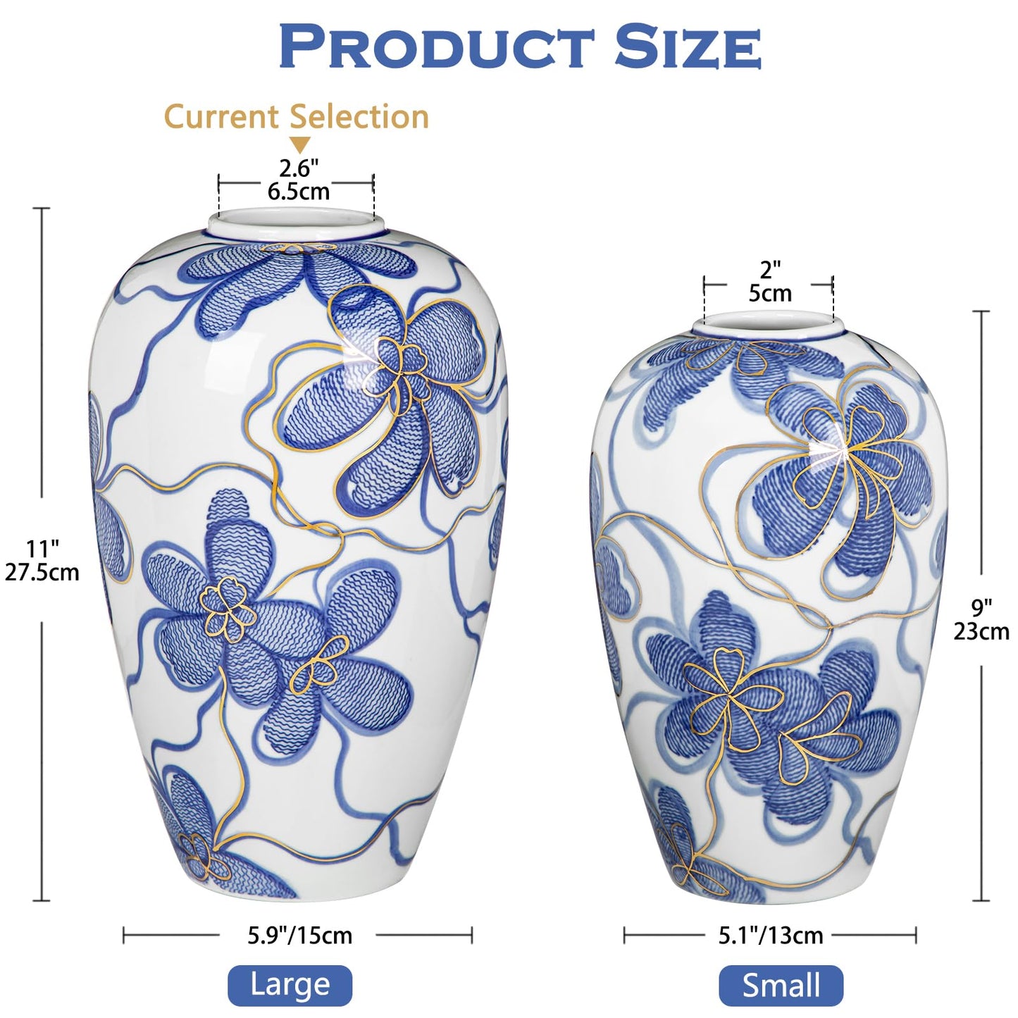 Blue and White Ceramic Vase for Home Decor – Hand-Painted Porcelain Flower Vase with Gold Accents – Chinoiserie-Inspired Home Decor Vase – 11" for Table, Shelf, or Mantel