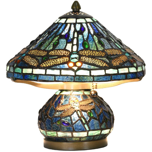 Bieye L10906 Tiffany Style Stained Glass Mushroom-Shaped Double Lit Table Lamp for Home Decor (10-inch, Blue Dragonfly)