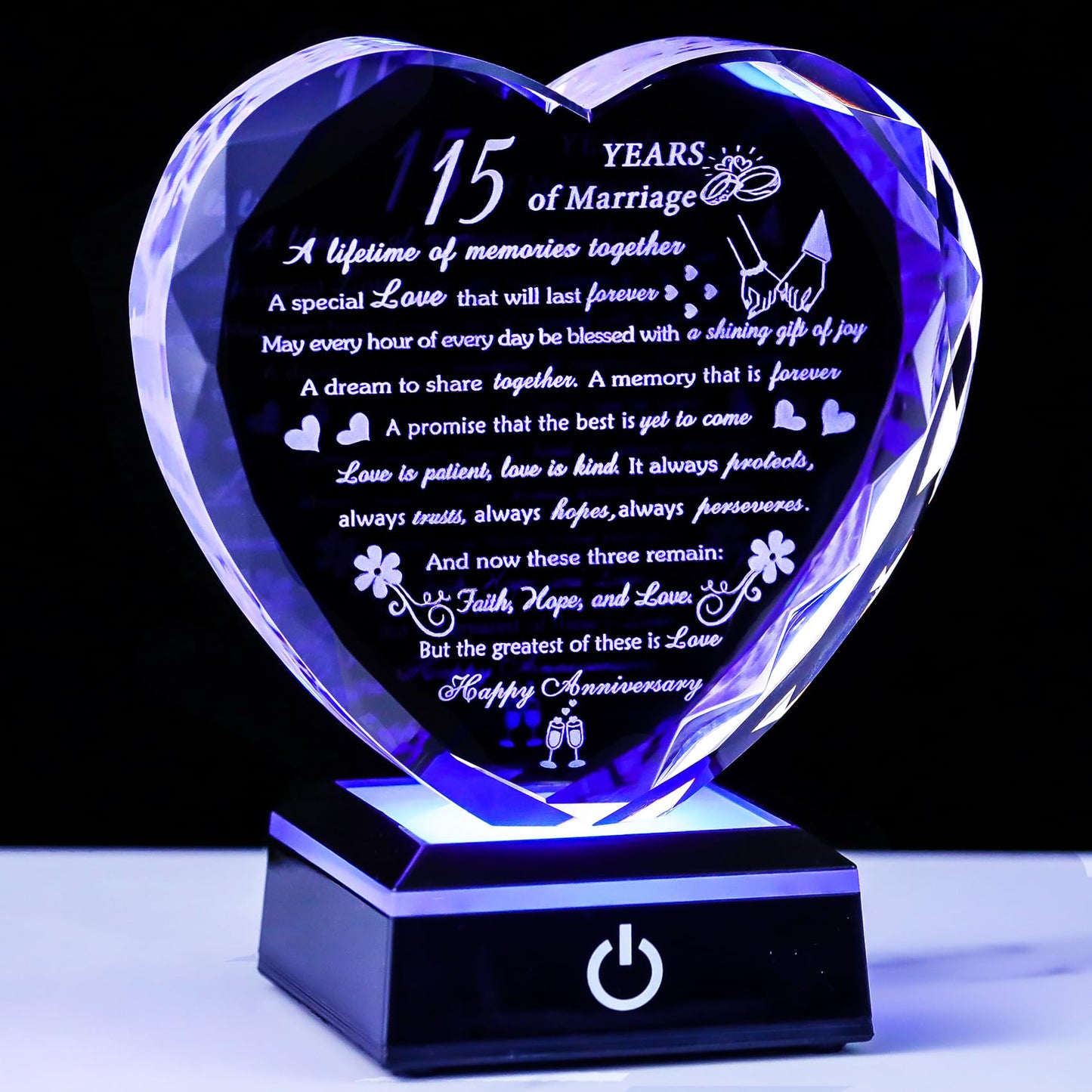 15th Wedding Anniversary Crystal Gifts for Couples with Colorful LED Base,Happy 15th Wedding Anniversary Keepsake Gifts for Her Him, Romantic 15 Years of Marriage Heart Gift for Wife Husband