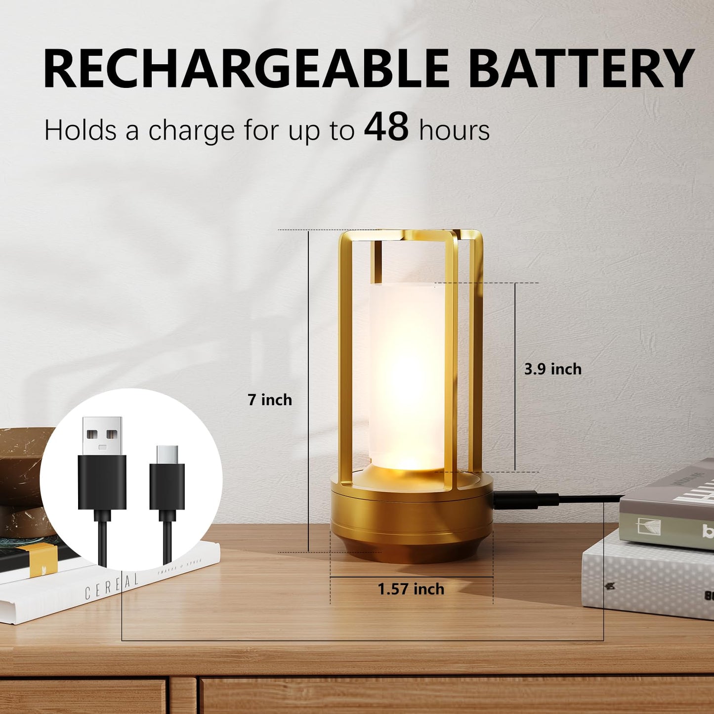 Anznzem Table Lamp, Portable Cordless Rechargeable LED, 3-Colour Dimming, Gold, Ideal for Bedroom, Outdoor, Restaurants, Bars, Coffee Shops, Camping