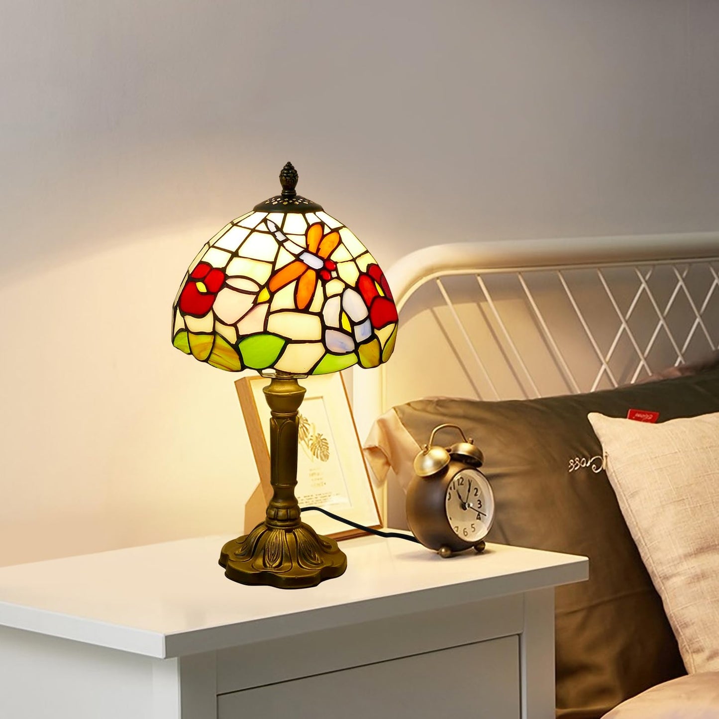 VirtueKing Tiffany Table Lamp Beautiful Dragonfly and Flower Style Lamp Handmade Stained Glass Desk Lamps Gifts Resin Base 14.2" Tall Vintage Reading Lamp for Office,Living Room, Bedroom, Study Room