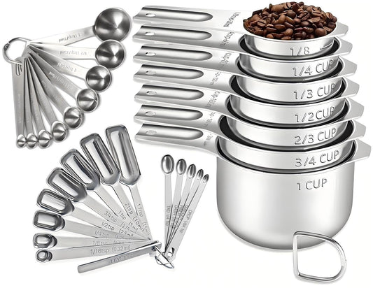 30PCS Measuring Cups and Spoons Set, 7 Nesting Measuring Cups, 18 Measuring Spoons and 5 Mini Spoons, Stainless Steel Kitchen Measuring Set for Dry and Liquid Ingredients, Perfect for Cooking & Baking
