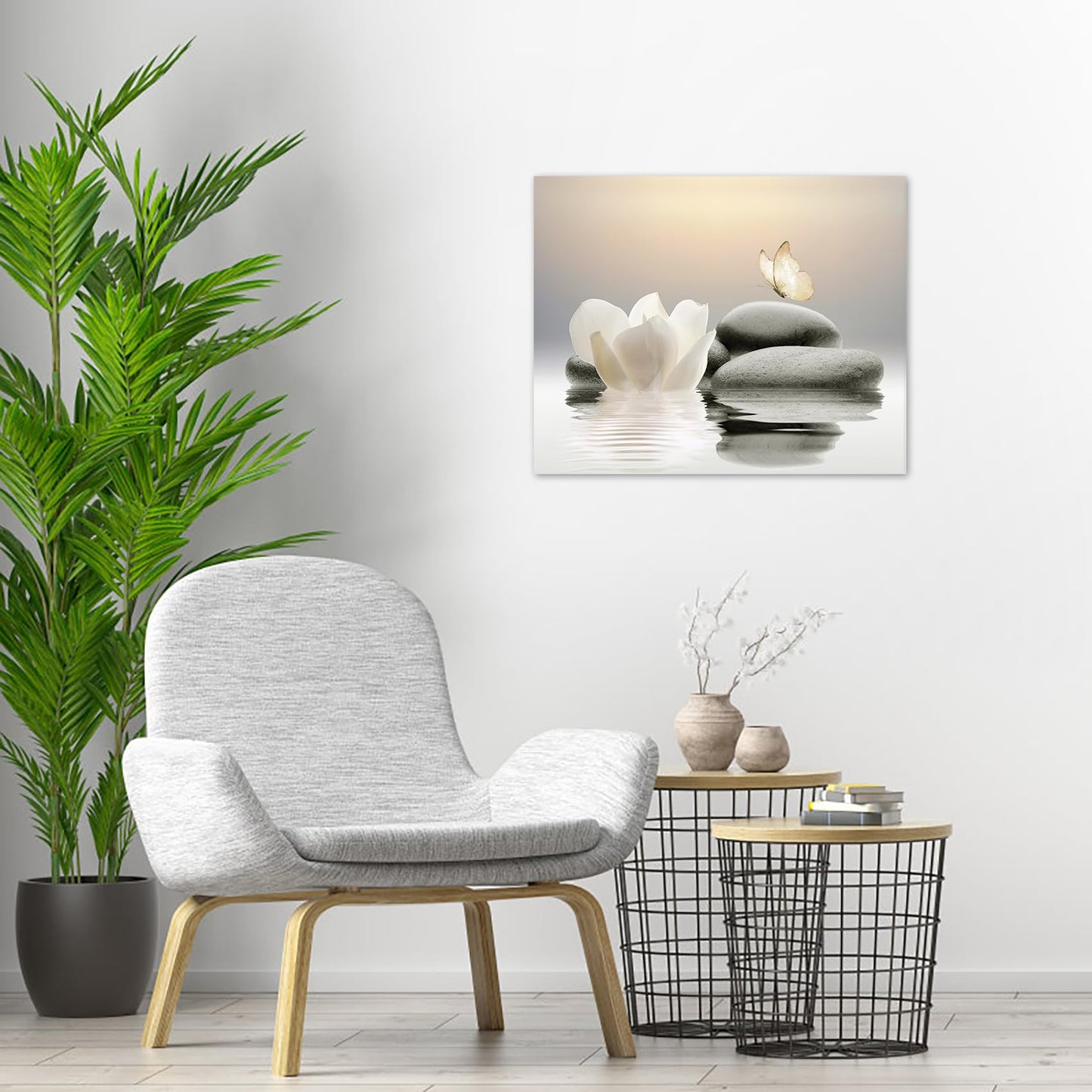 EOBTAIN Zen Stone Canvas Wall Art White Flower and Yellow Butterfly on Lake Wall Art for Bathroom Living Room Bedroom Modern Spiritual Yoga Spa Picture Canvas Wall Decor Zen Art,16x12 Inches