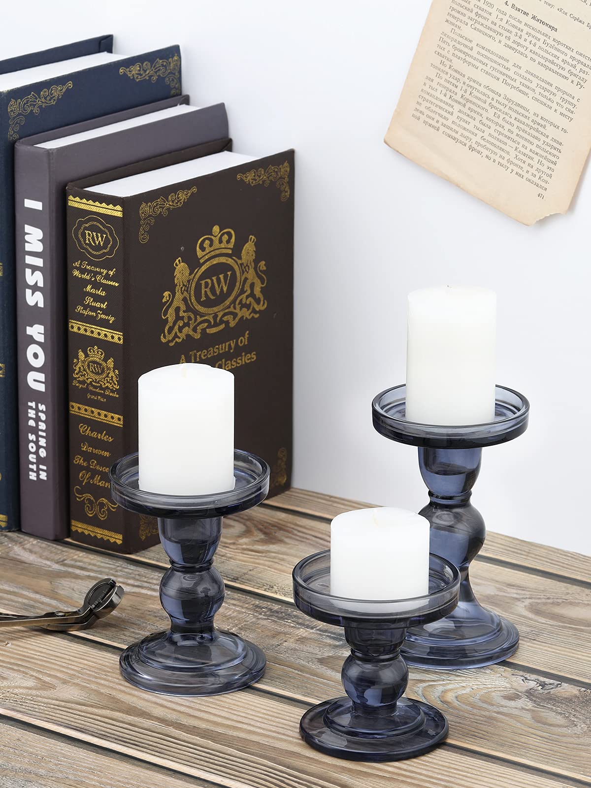 Lewondr Glass Candle Holders, 3 Pieces Crystal Clear Candlesticks with Elegant Design for Pillar Taper Candle and Tea Light, Home Table Living Room Wedding Party Decorations Home Décor - Smoky Blue