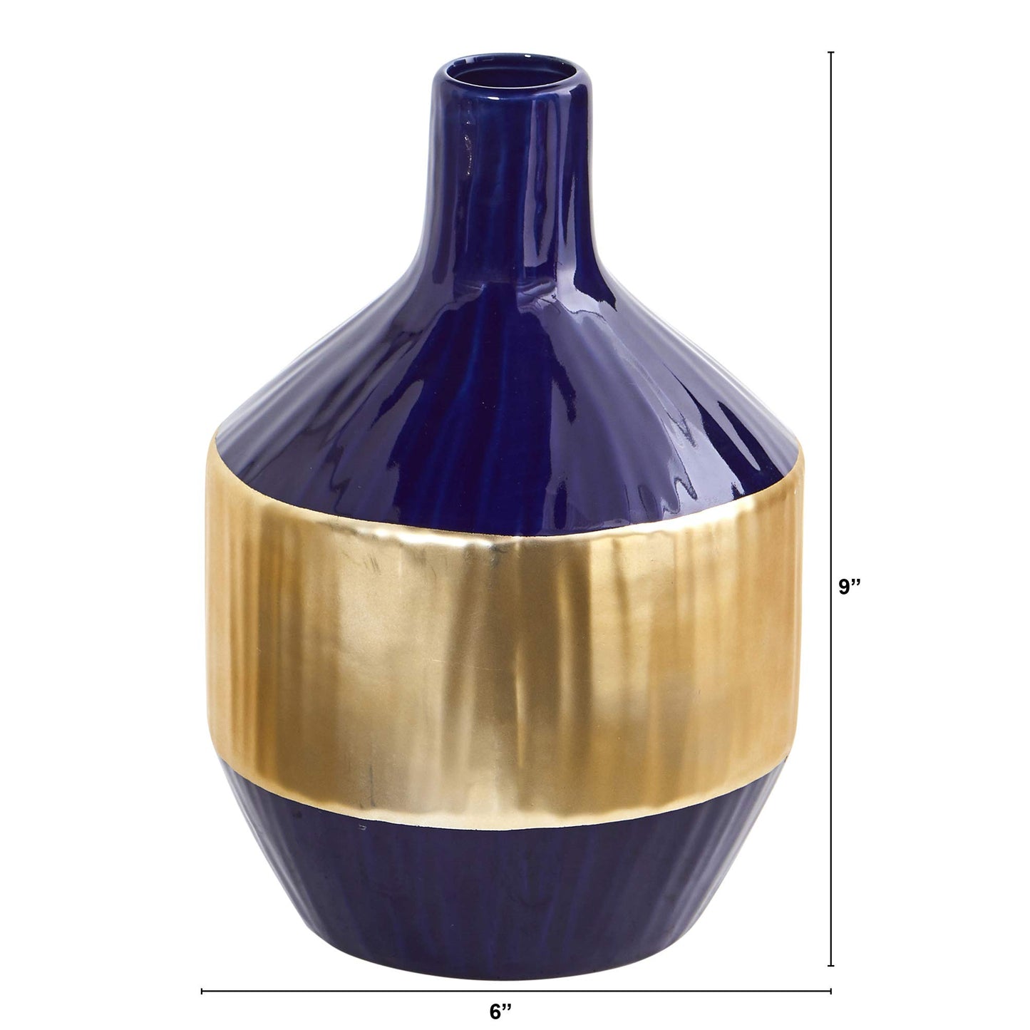 Nearly Natural 9in. Lux Blue Ceramic Vase with Gold Band