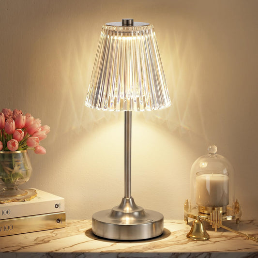 Silver Cordless Rechargeable Table Lamp, Touch Battery Powered Lamp, 3 Color Modes, Crystal Acrylic Lampshade, Portable Ambient Night Light for Desk, Bedroom, Living Room, Dining Room, Kitchen, Bar