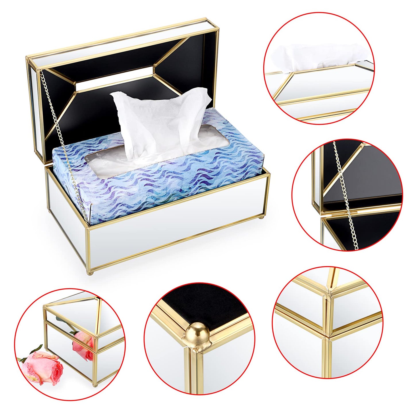 Sumnacon Tissue Box Cover Rectangle Mirrored Tissue Box,Gold Glass Tissue Box Holder, Stylish Tissue Cover for Bathroom Toilet Bedroom Living Room Table Home Office Bar Decor