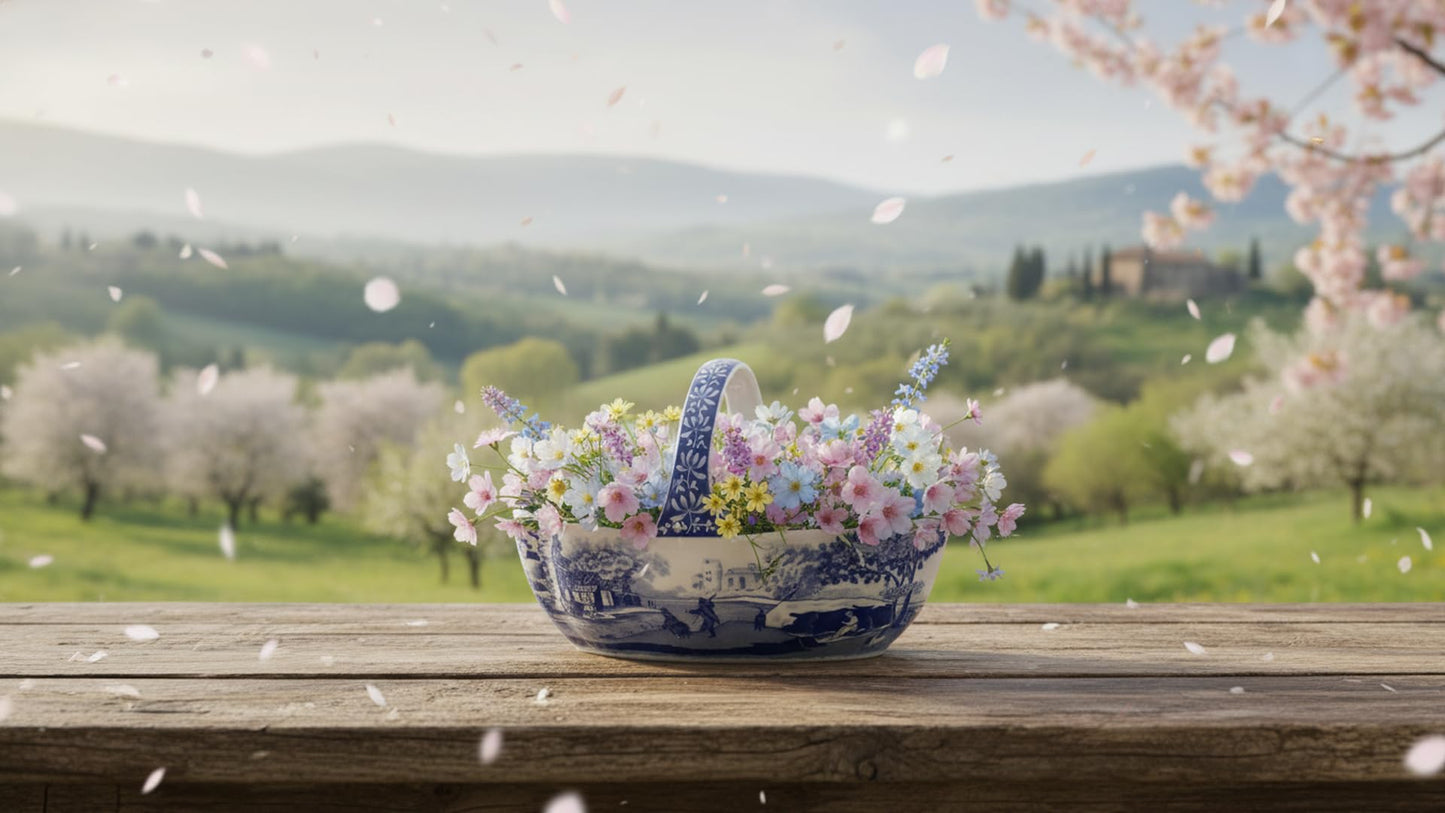 Spode Blue Italian Porcelain Handled Basket with Chip-Resistant Glaze - 6 Inch Decorative Serving Dish for Holiday Gift Giving, Hostess Presentation, Seasonal Table Accents