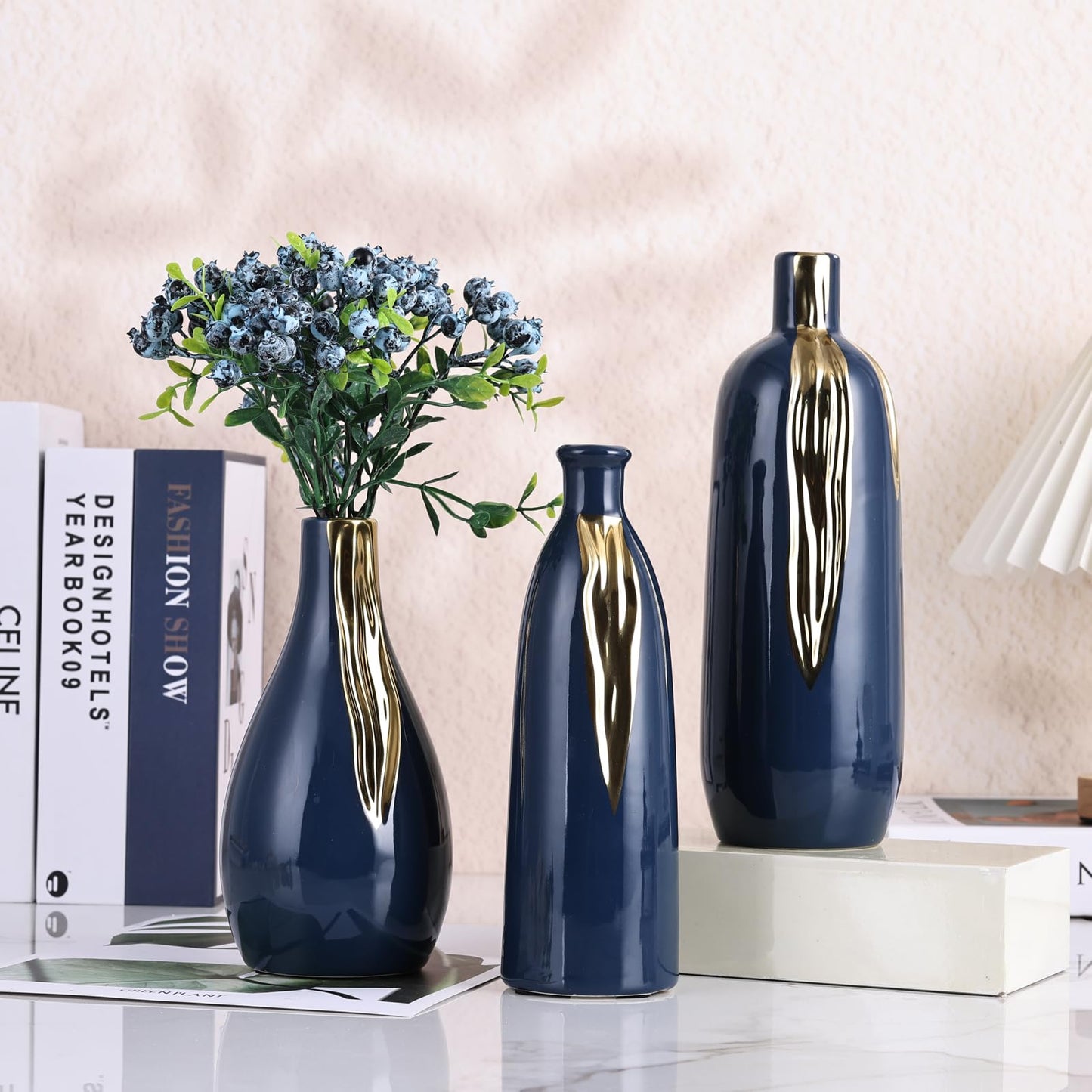 Blue and Gold Vase Set of 3, Modern Ceramic Decorative Vases for Living Room, Bedroom, Art Decor, Mantle, Home Event Decor, Office Decorative, Weddings, Rustic & Farmhouse (Blue Gold)