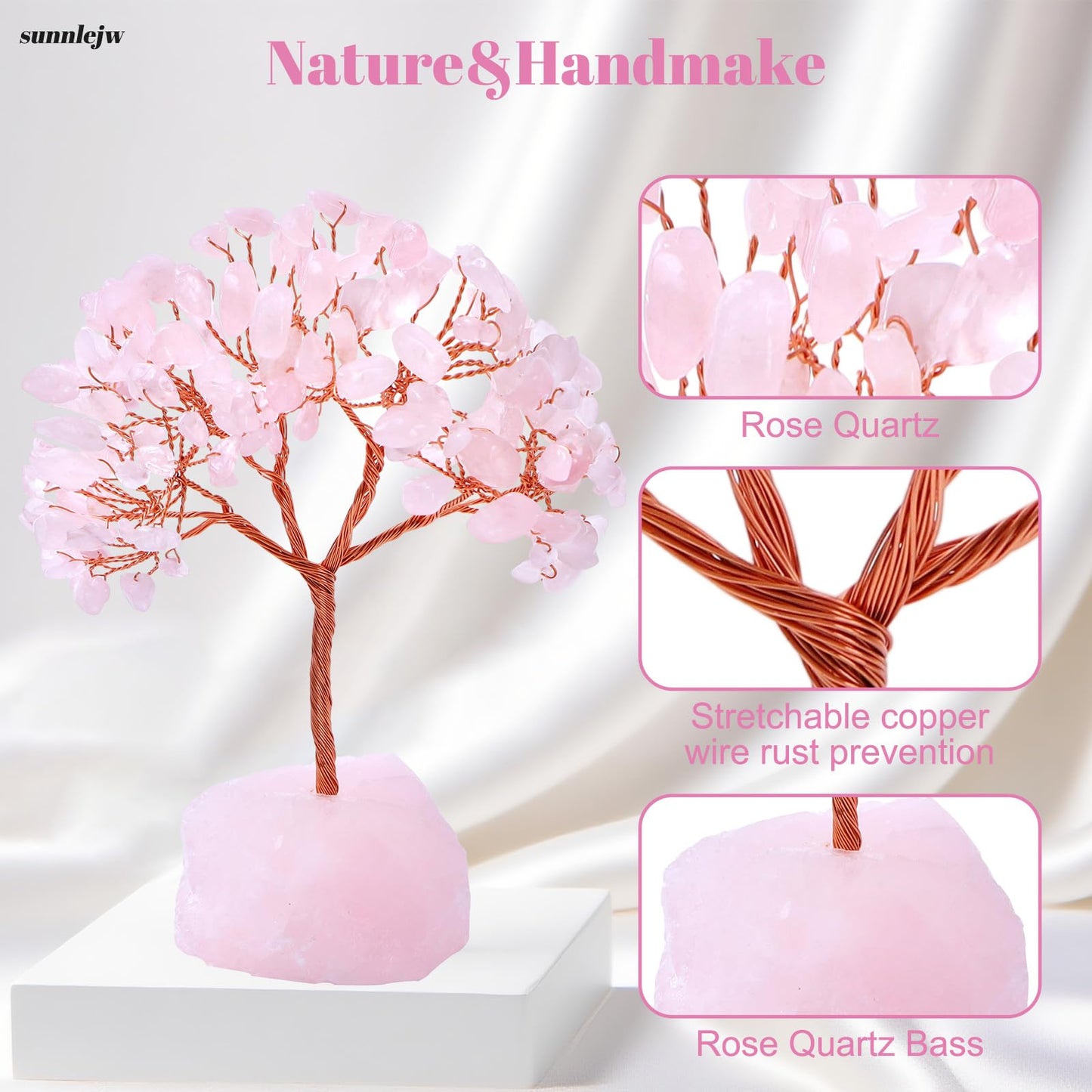 Sunnlejw Rose Quartz Crystal Tree of Life, Chakra Tree Gifts for Women Pink Room Decorations,Crystals and Healing Stones Reiki Positive Energy, Feng Shui Office Desk Decor Meditation Pink Crystal